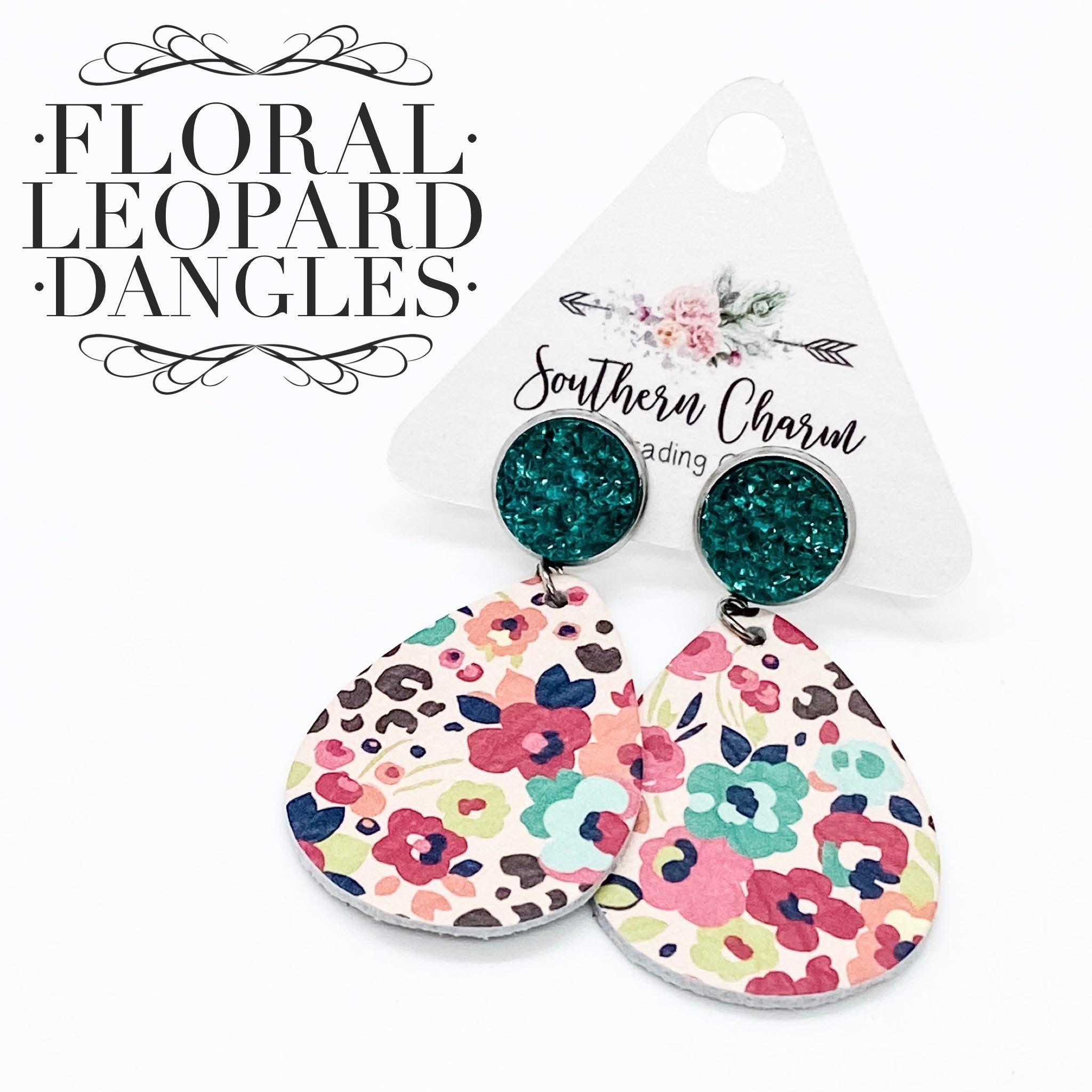 2" Floral Leopard Dangle Earrings