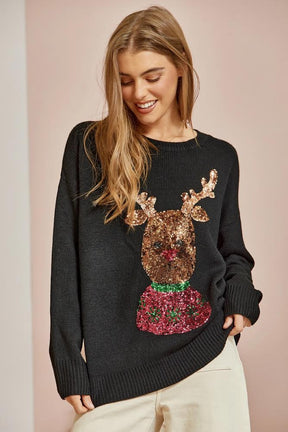 Christmas Rudolph Sequin Sweater - Black