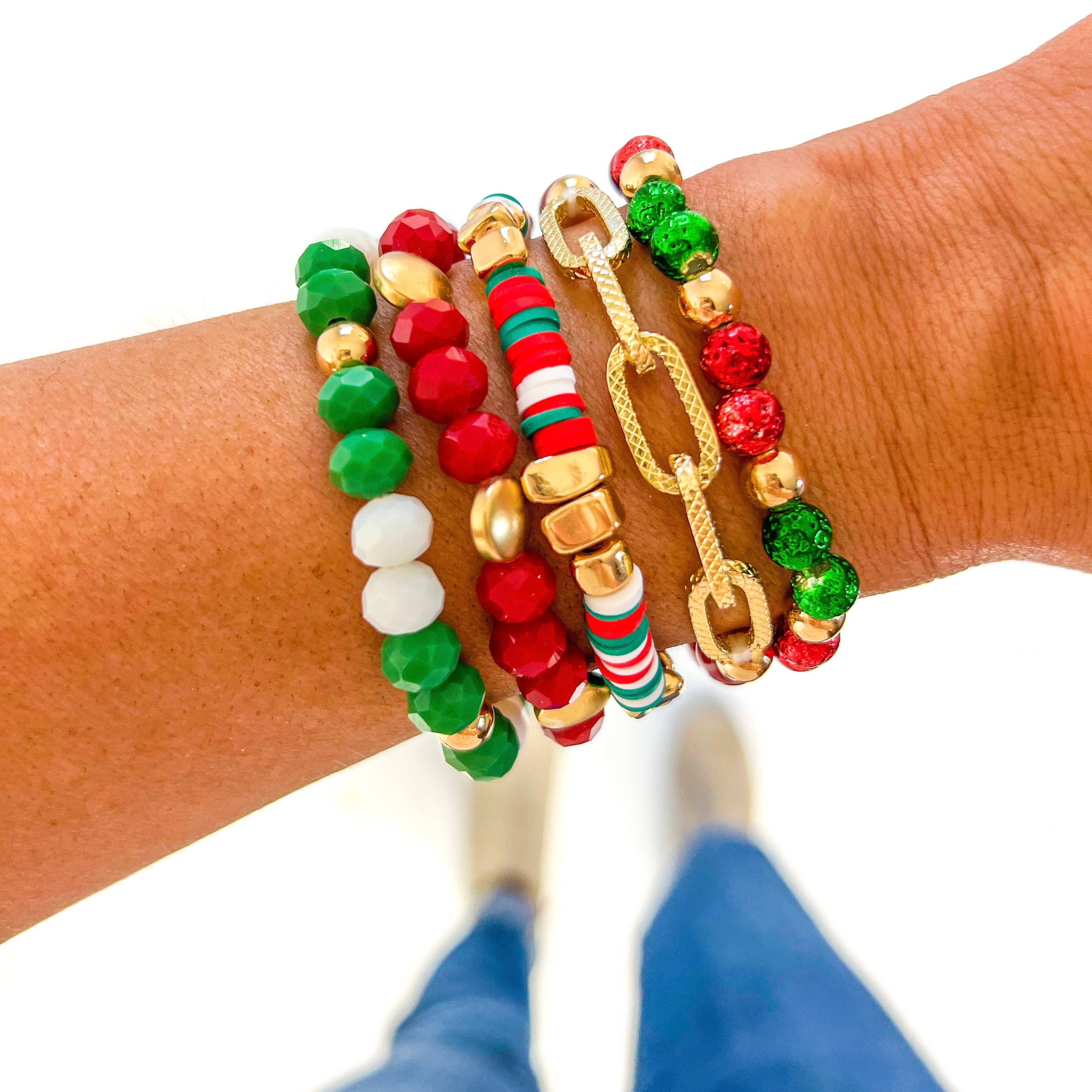 Red, Green & White Christmas Bracelet Stack