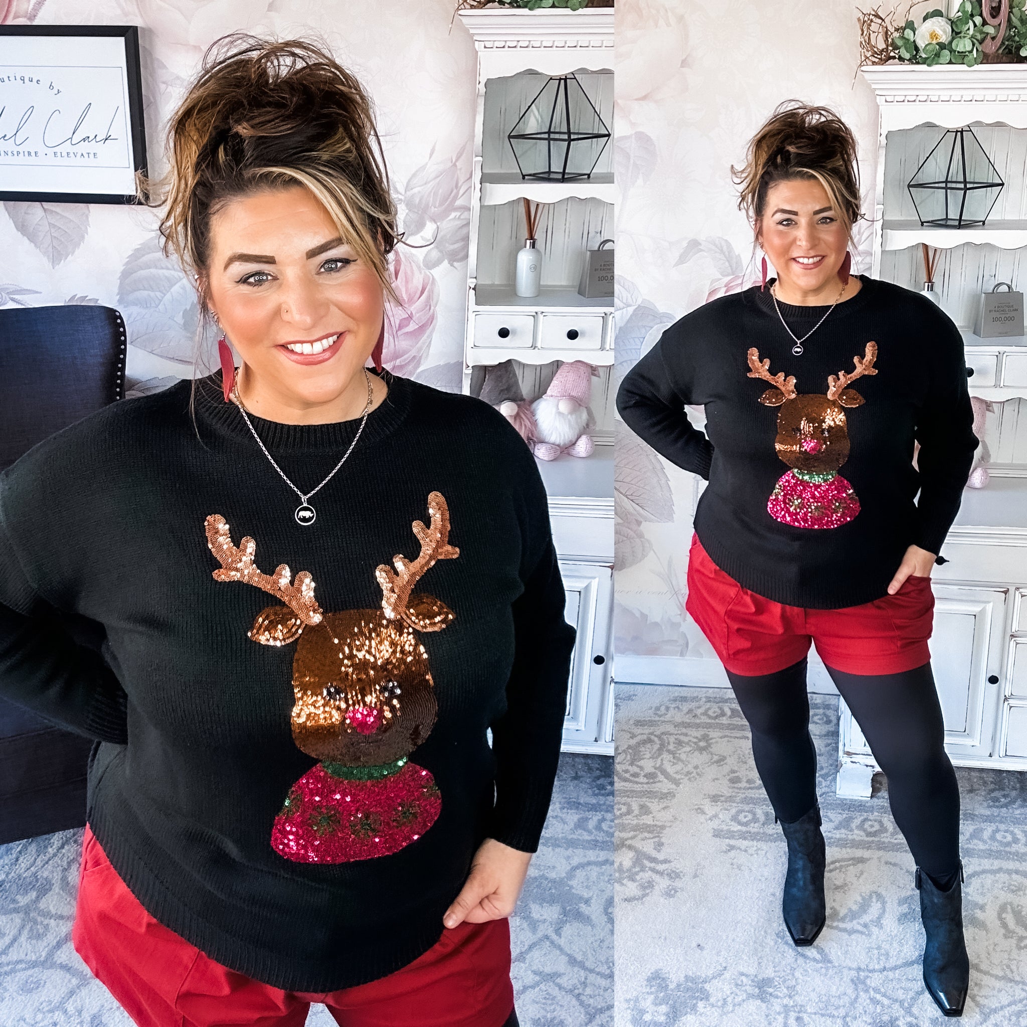 Christmas Rudolph Sequin Sweater - Black