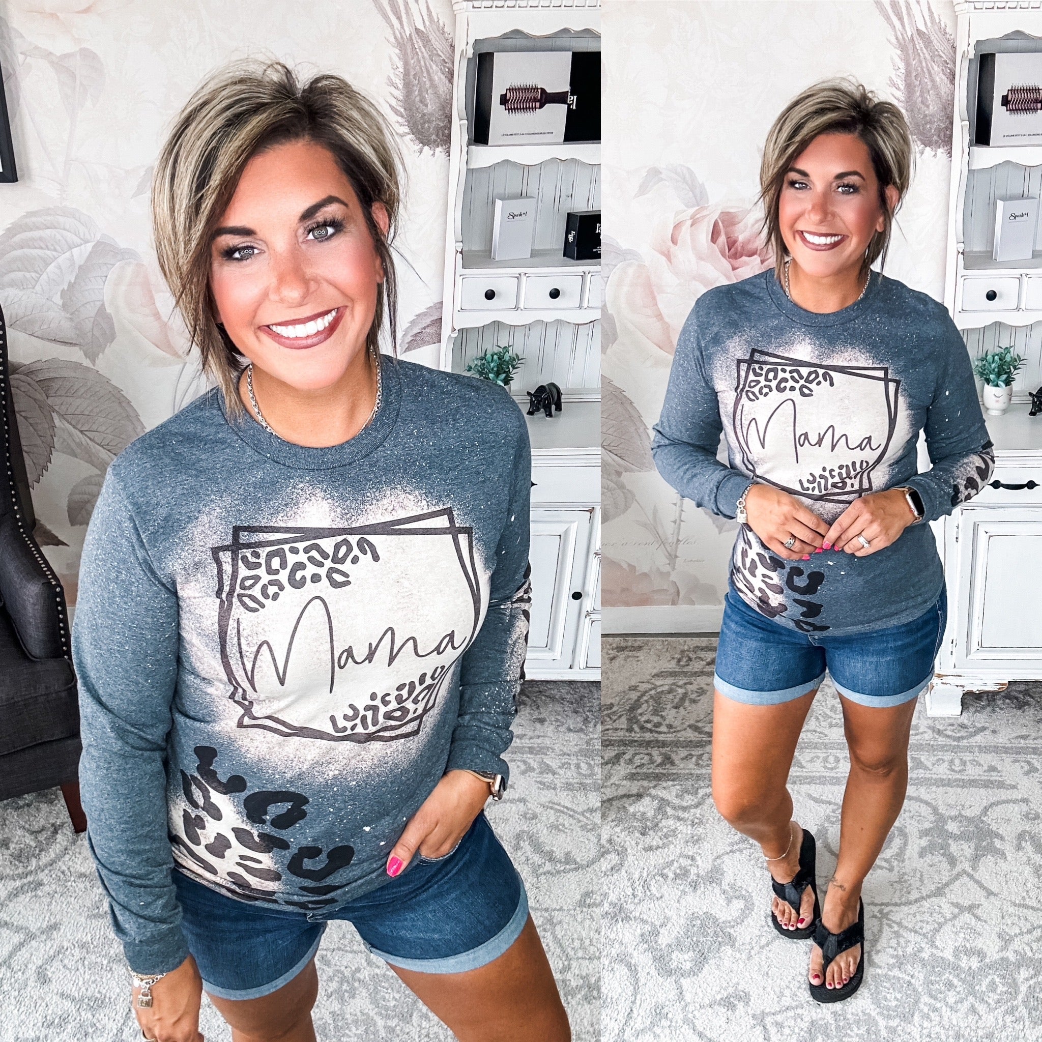 Leopard Mama Bleached Long Sleeve Graphic Tee