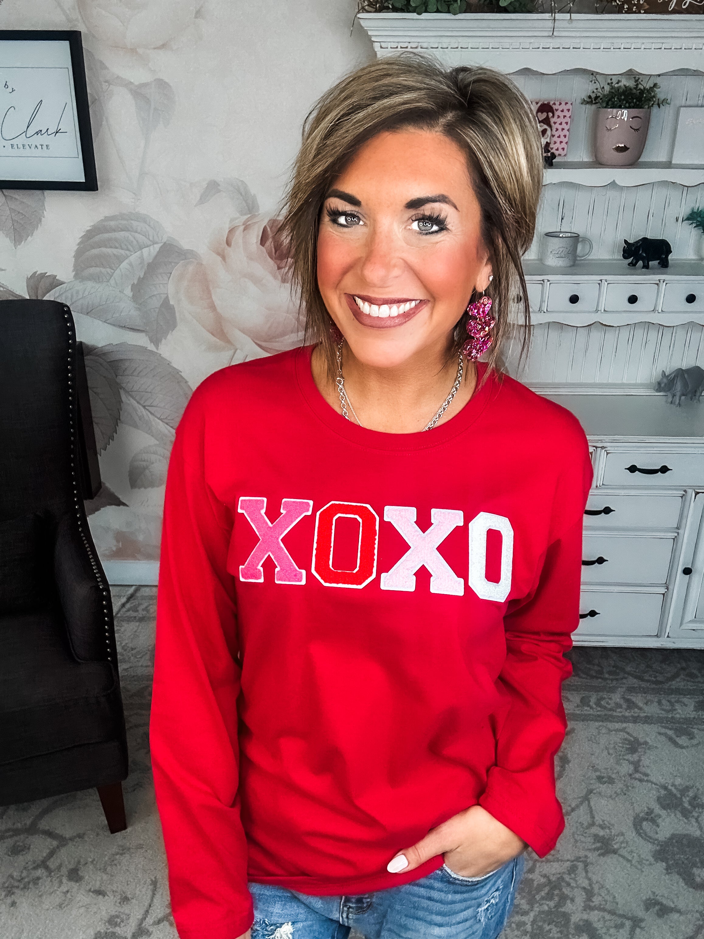 XOXO Boyfriend Long Sleeve Chenille Tee - Red