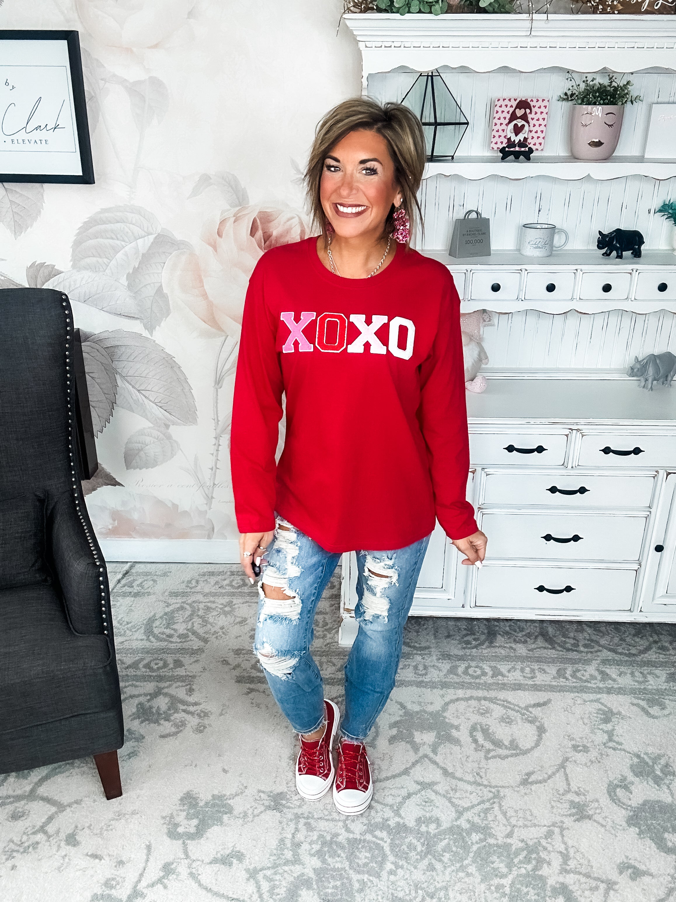 XOXO Boyfriend Long Sleeve Chenille Tee - Red