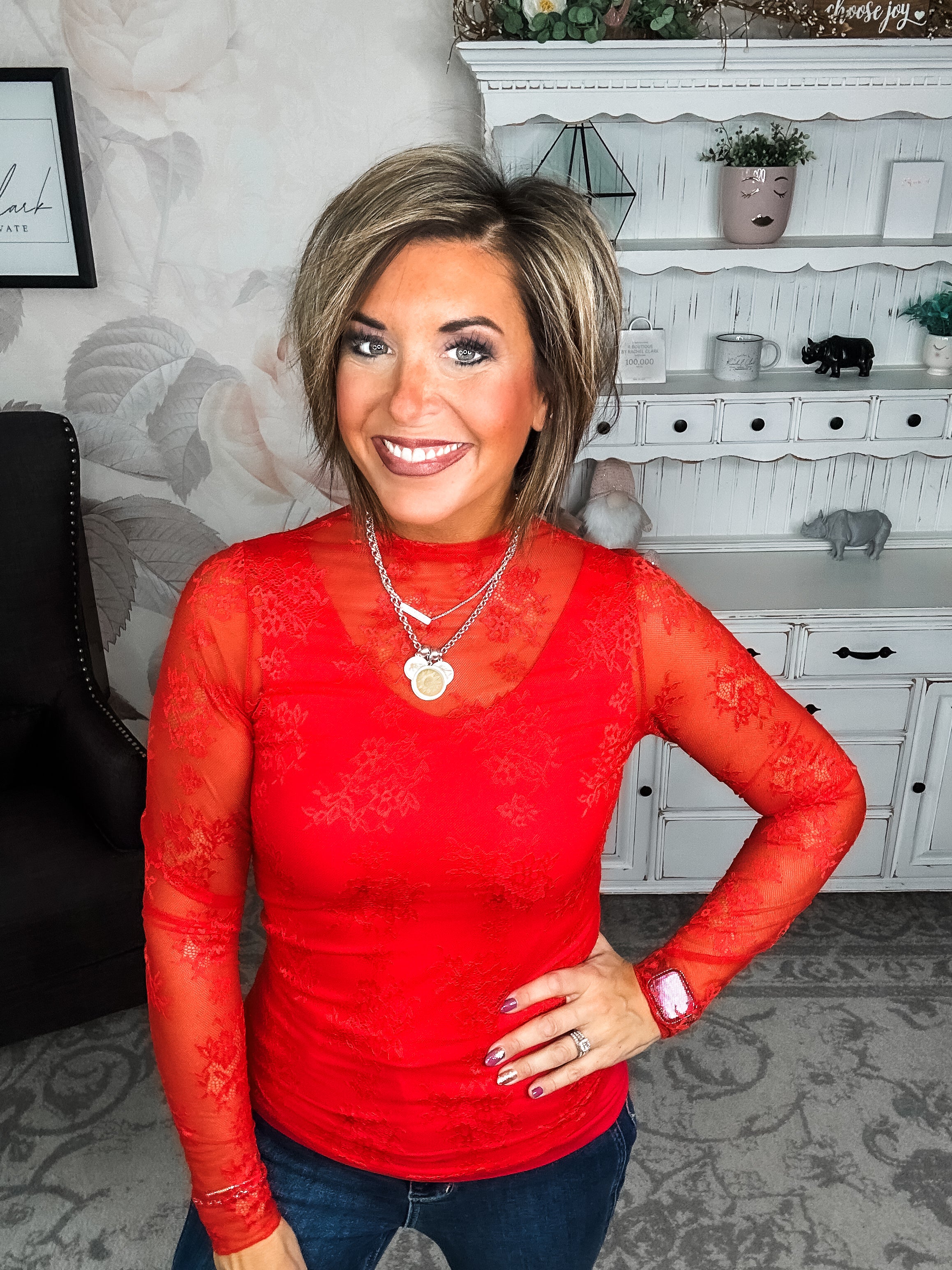 Sweetest Friend Mesh Lace Top - Red