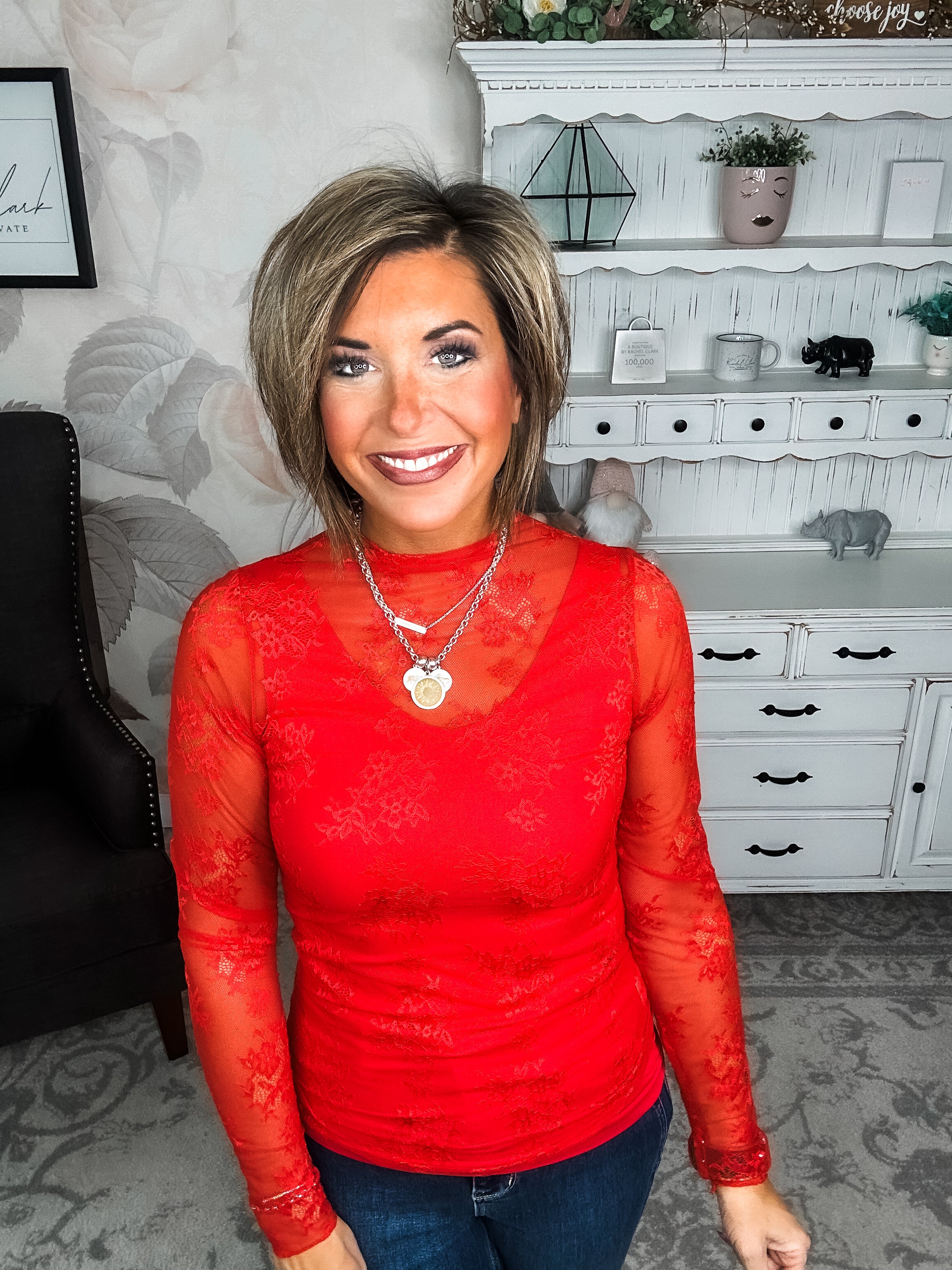 Sweetest Friend Mesh Lace Top - Red