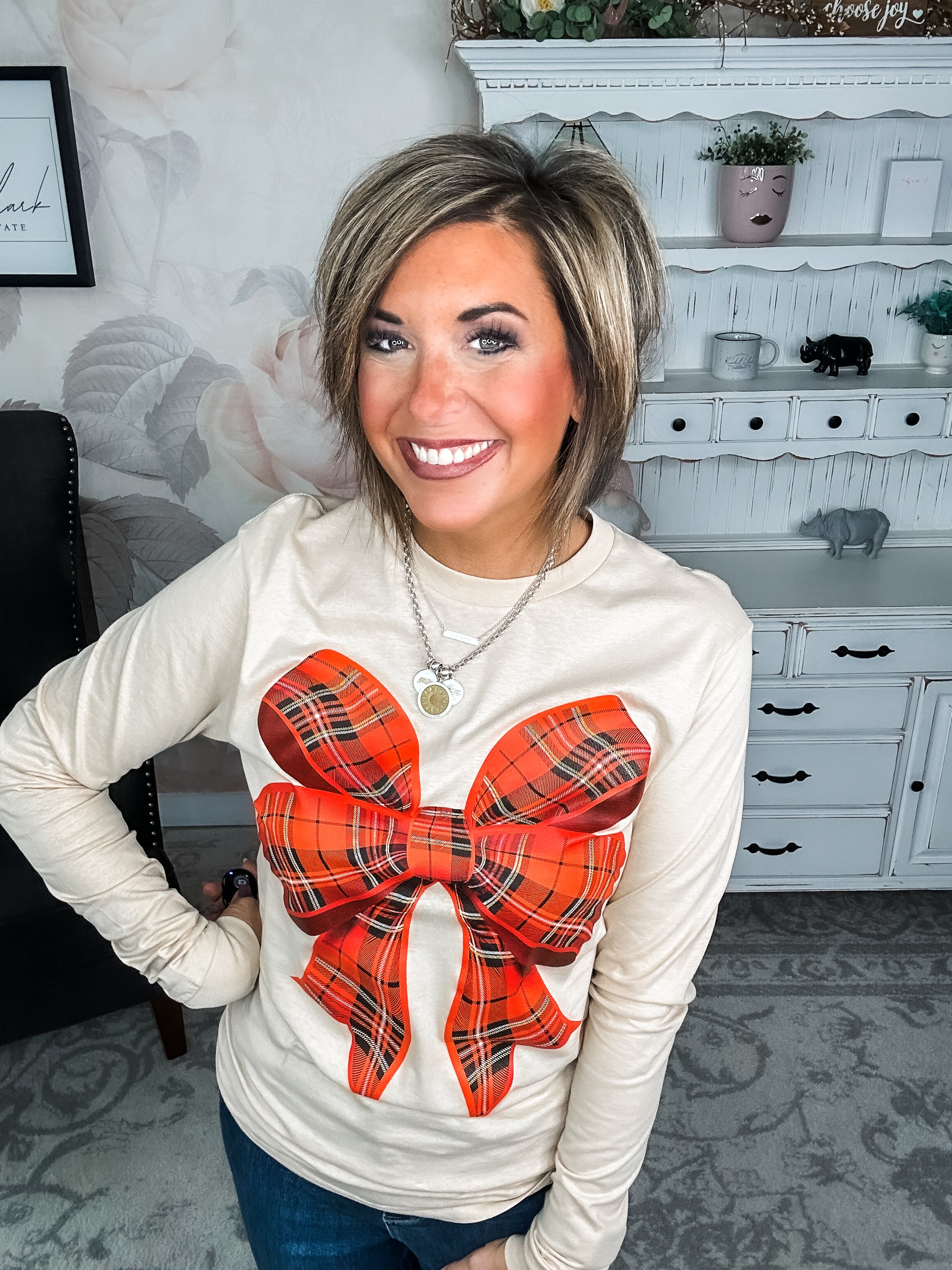 Plaid Bow Long Sleeve Graphic Tee
