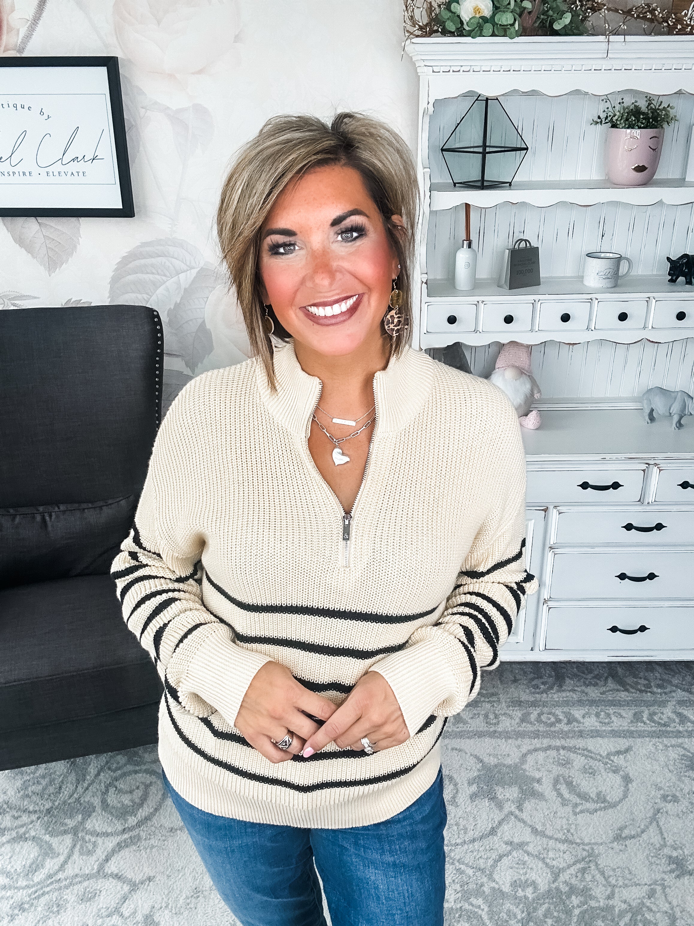 Ampersand Avenue - HalfZip Sweater Cream & Black Stripe