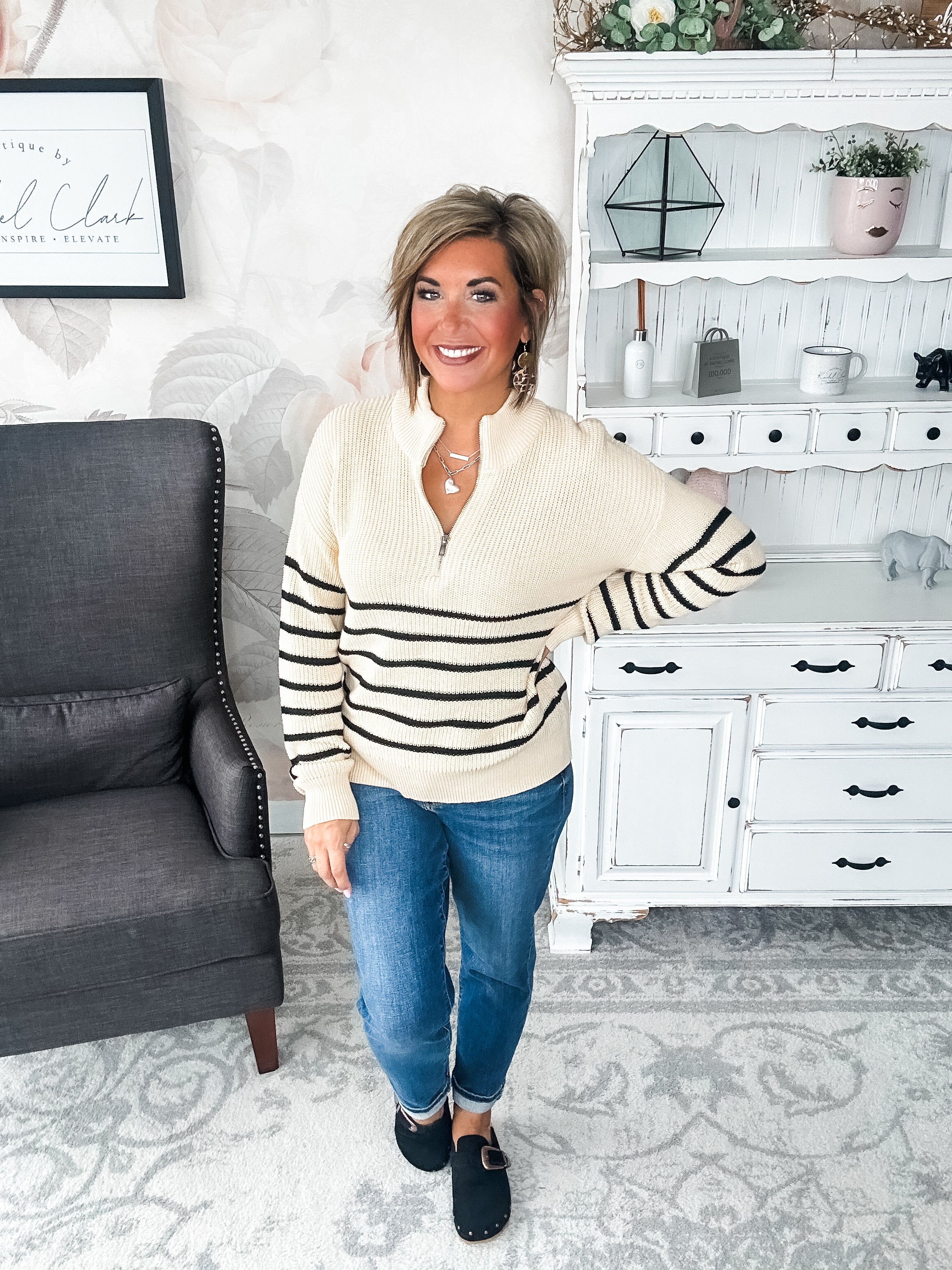 Ampersand Avenue - HalfZip Sweater Cream & Black Stripe