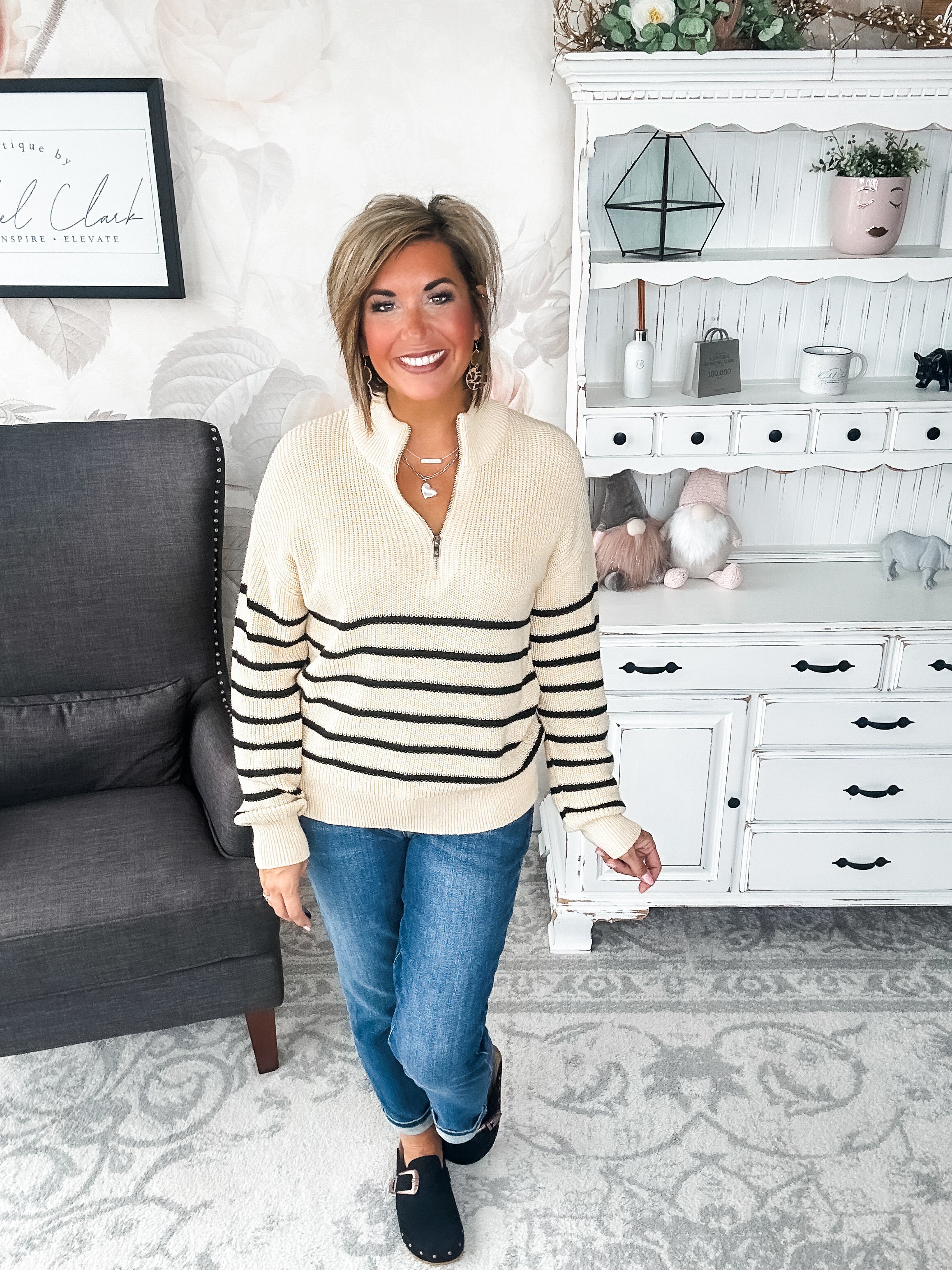 Ampersand Avenue - HalfZip Sweater Cream & Black Stripe