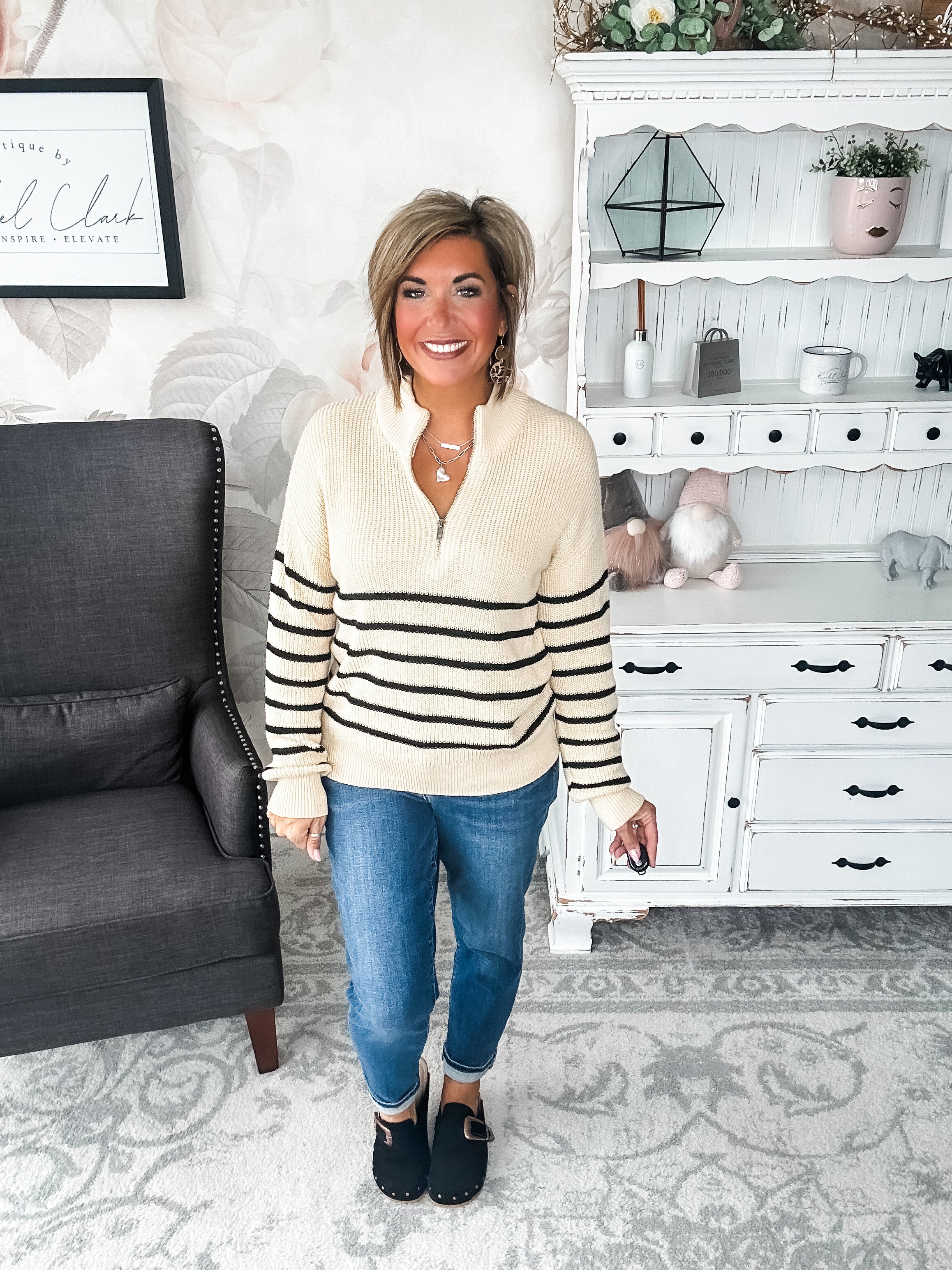 Ampersand Avenue - HalfZip Sweater Cream & Black Stripe