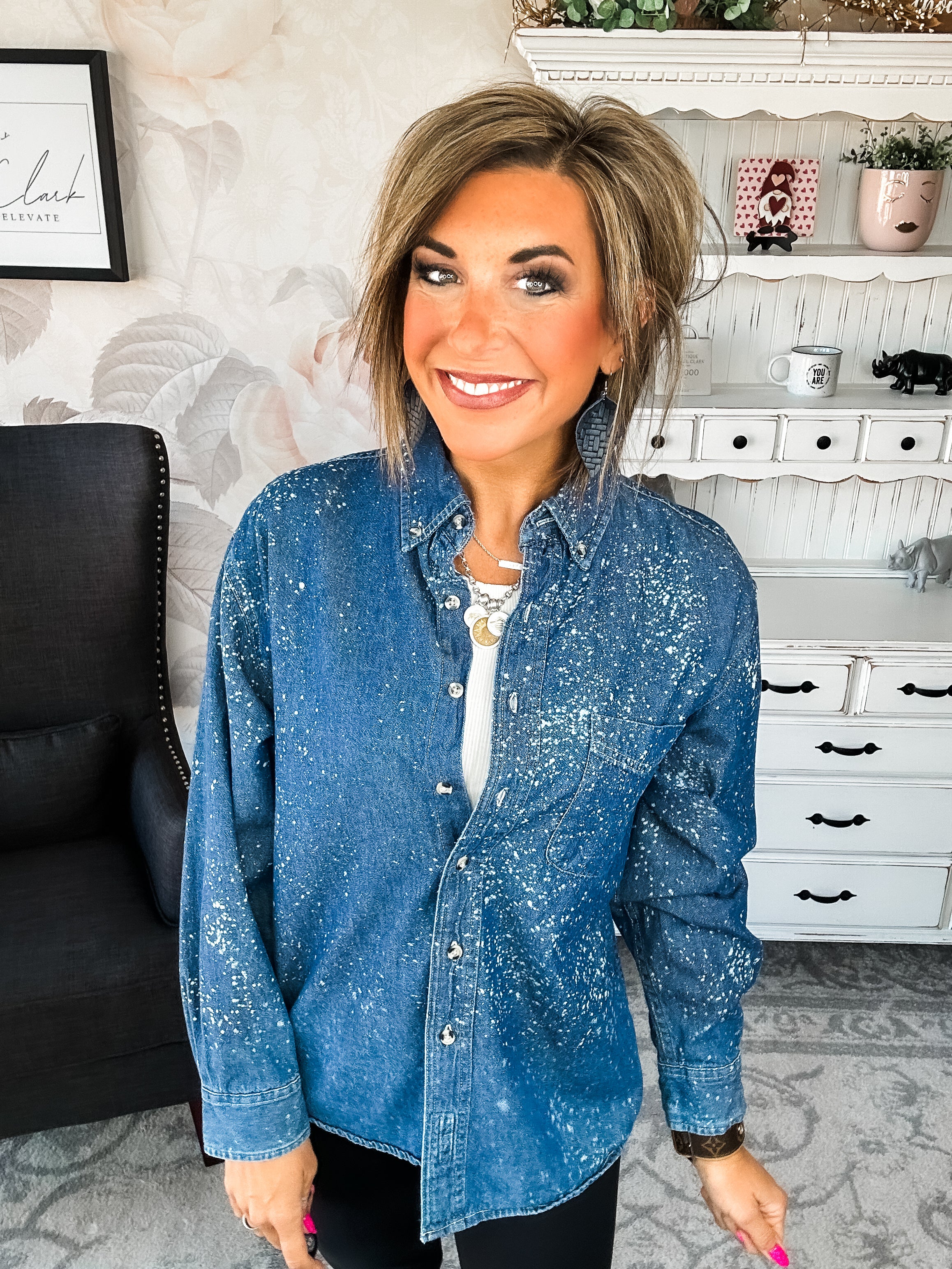 Distressed Denim Bleached Button Down - Dark Blue