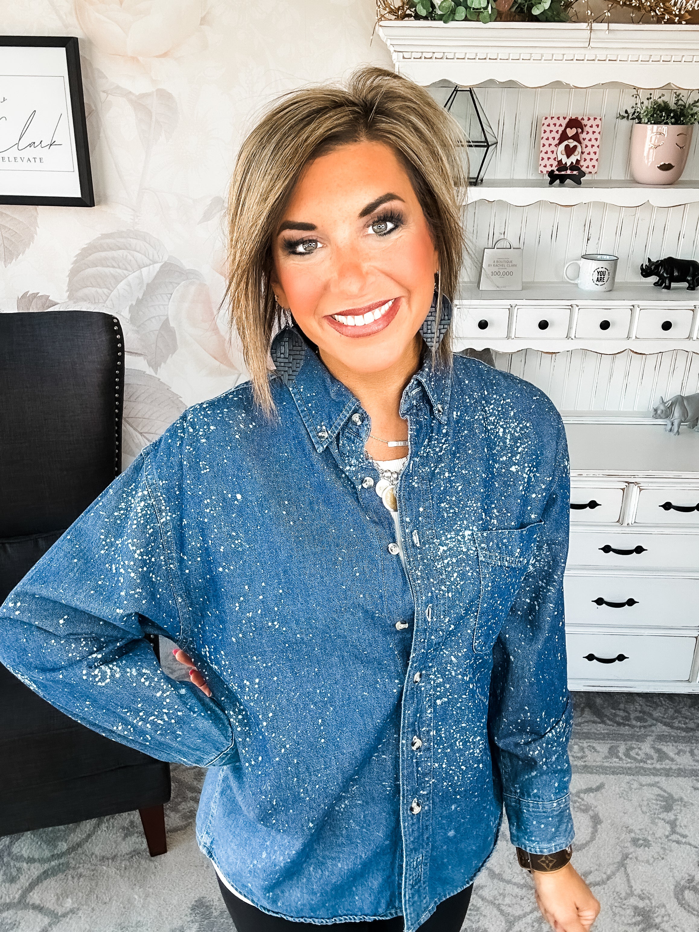 Distressed Denim Bleached Button Down - Dark Blue