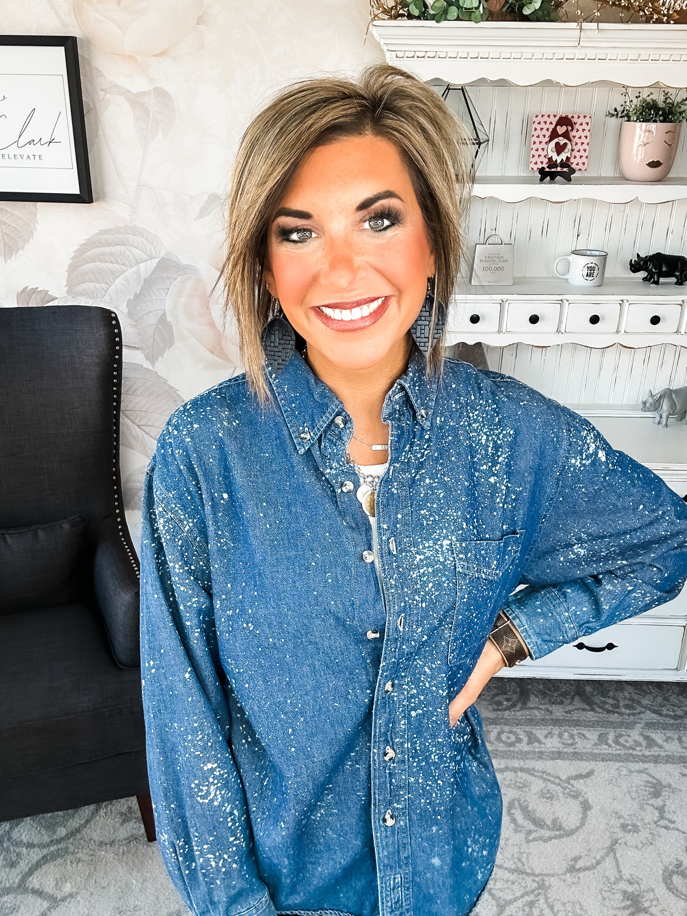 Distressed Denim Bleached Button Down - Dark Blue