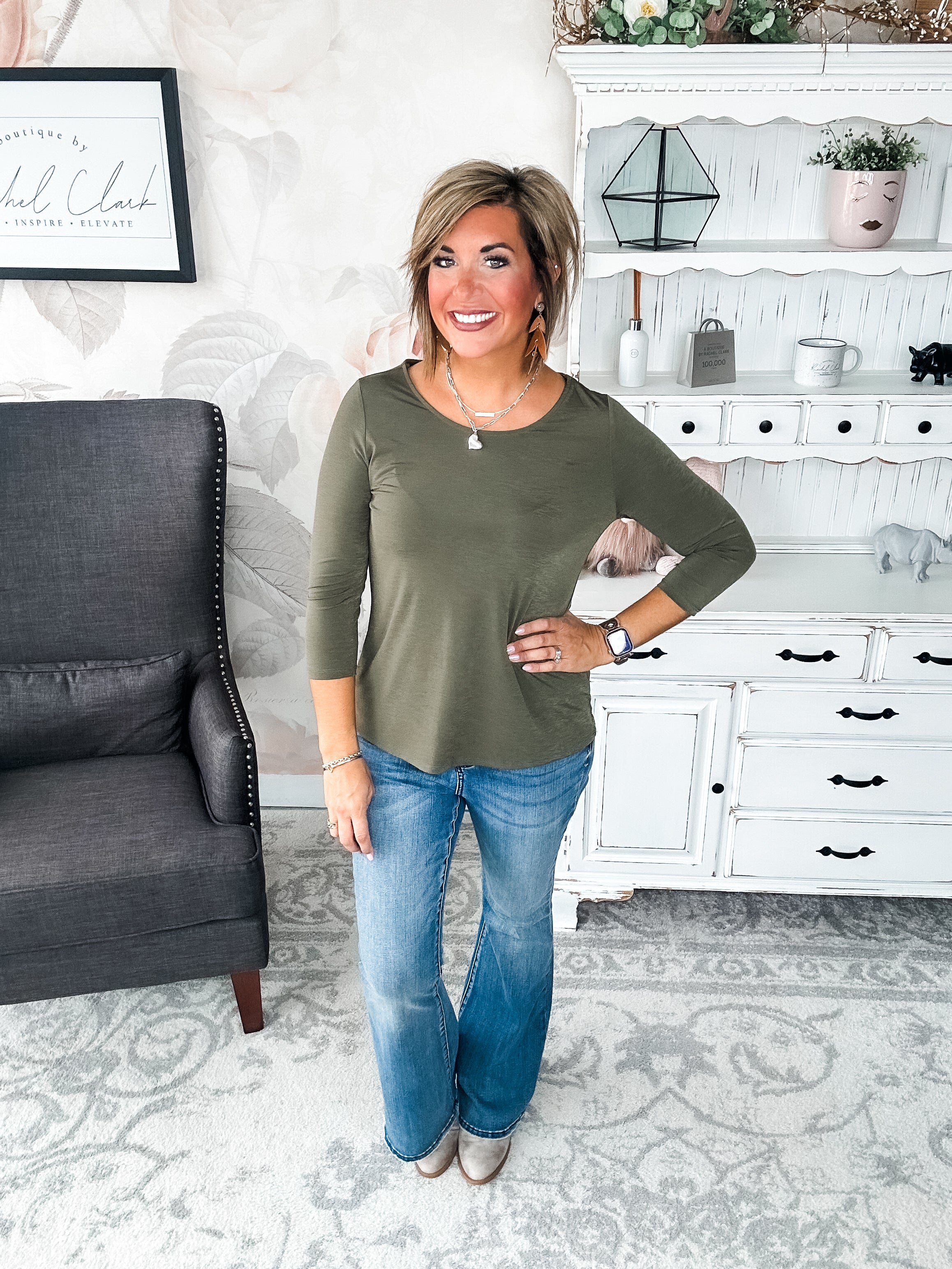 Find The Answer Round Neck Top - Olive