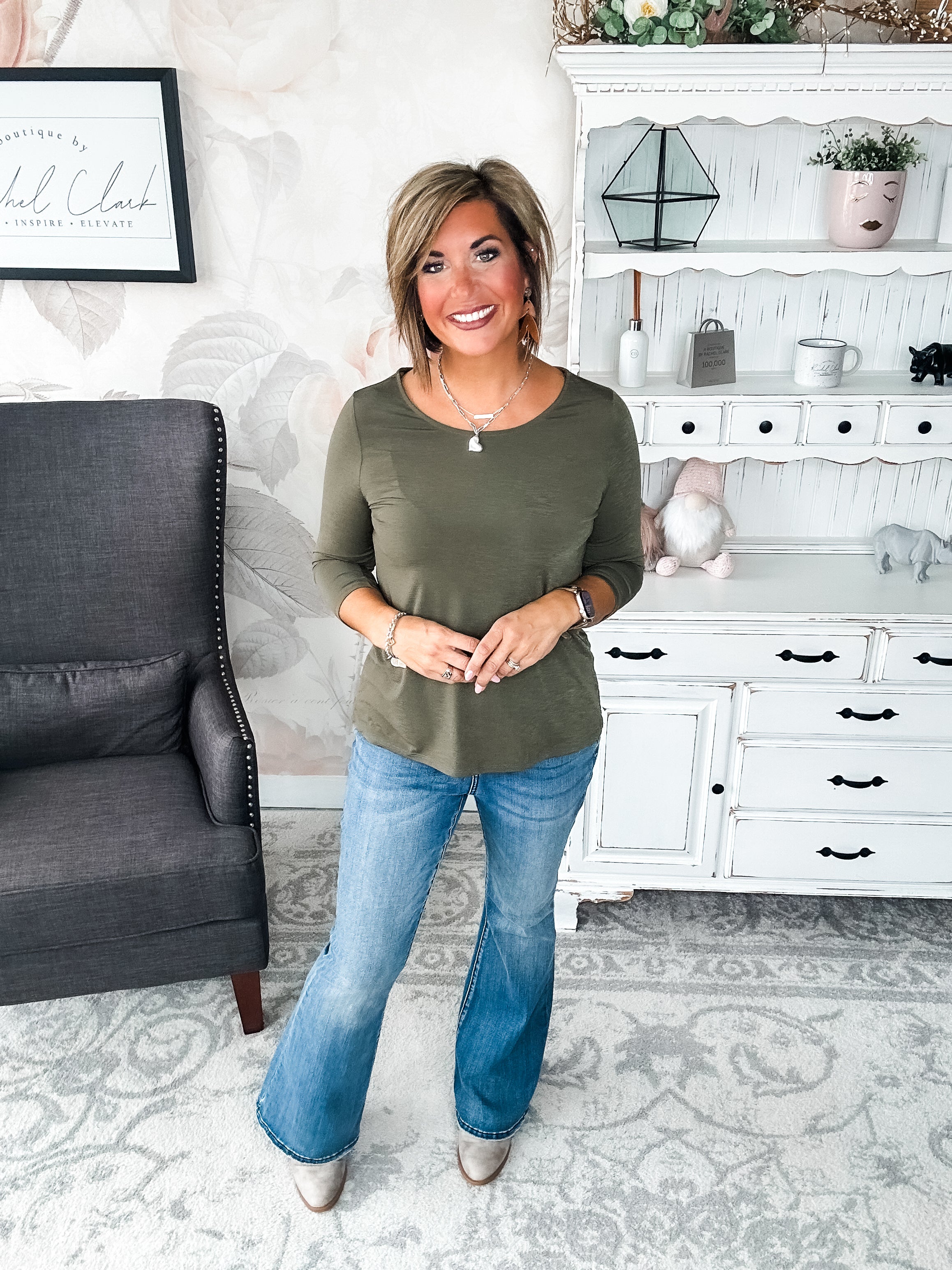 Find The Answer Round Neck Top - Olive