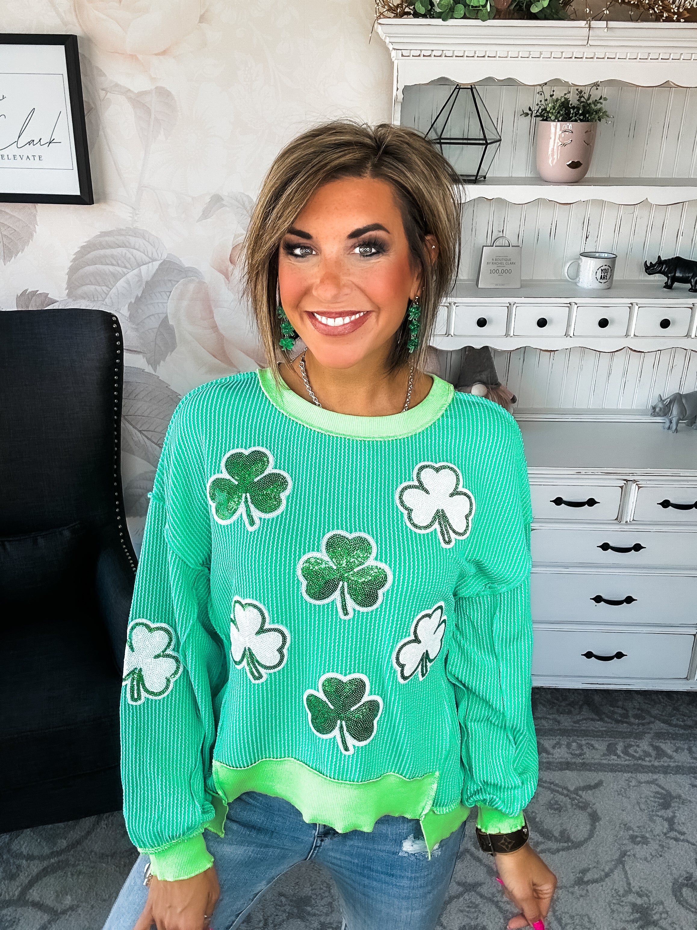 St Pat's Ribbed Sequin Clover Pullover