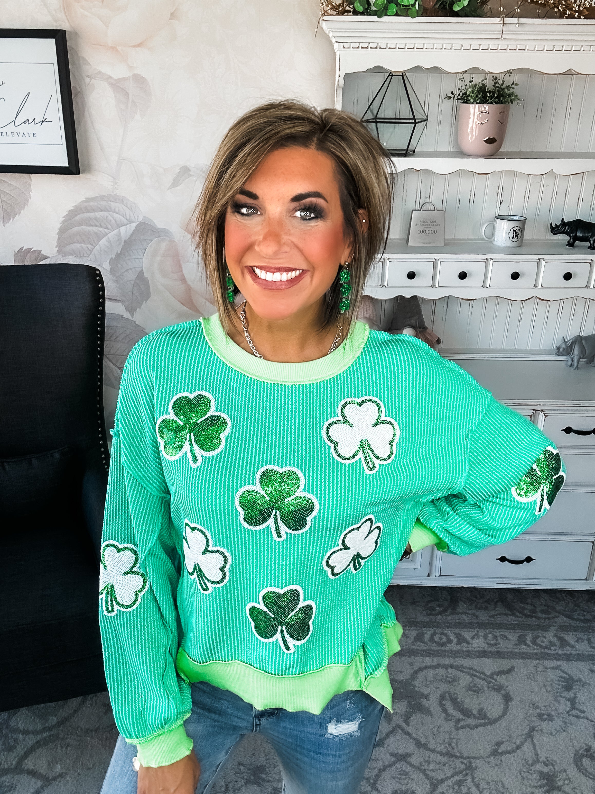 St Pat's Ribbed Sequin Clover Pullover