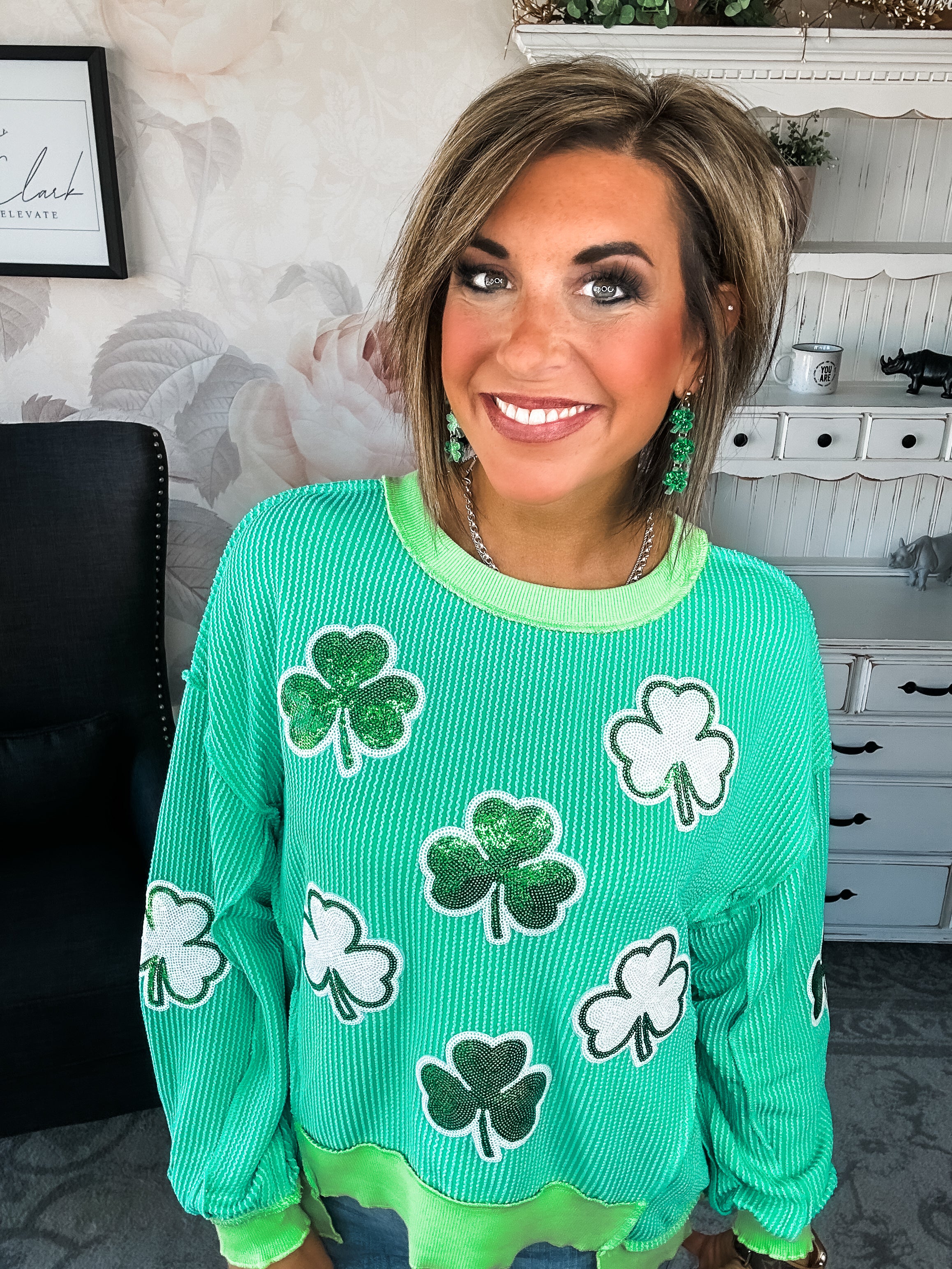 St Pat's Ribbed Sequin Clover Pullover