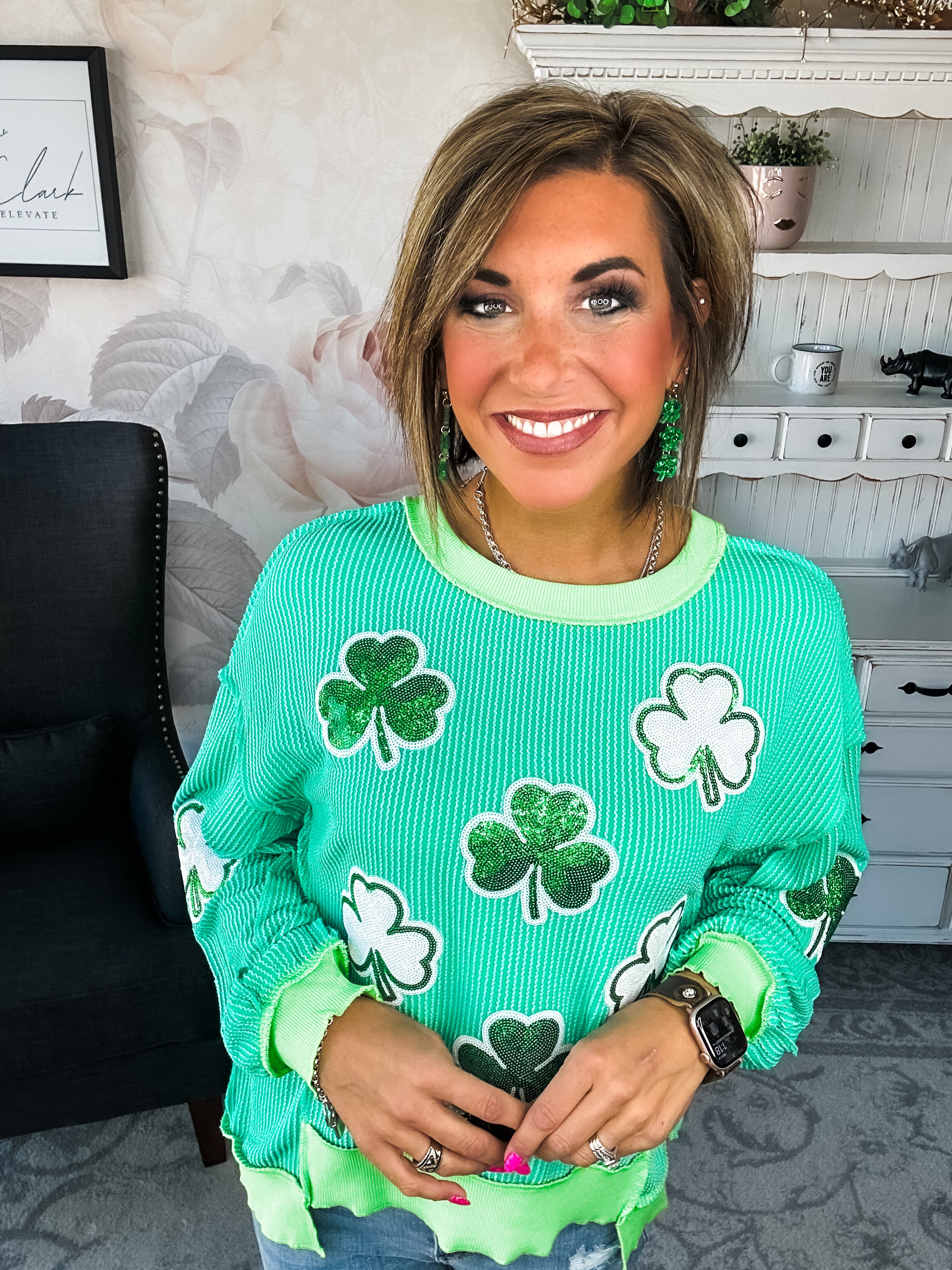 St Pat's Ribbed Sequin Clover Pullover