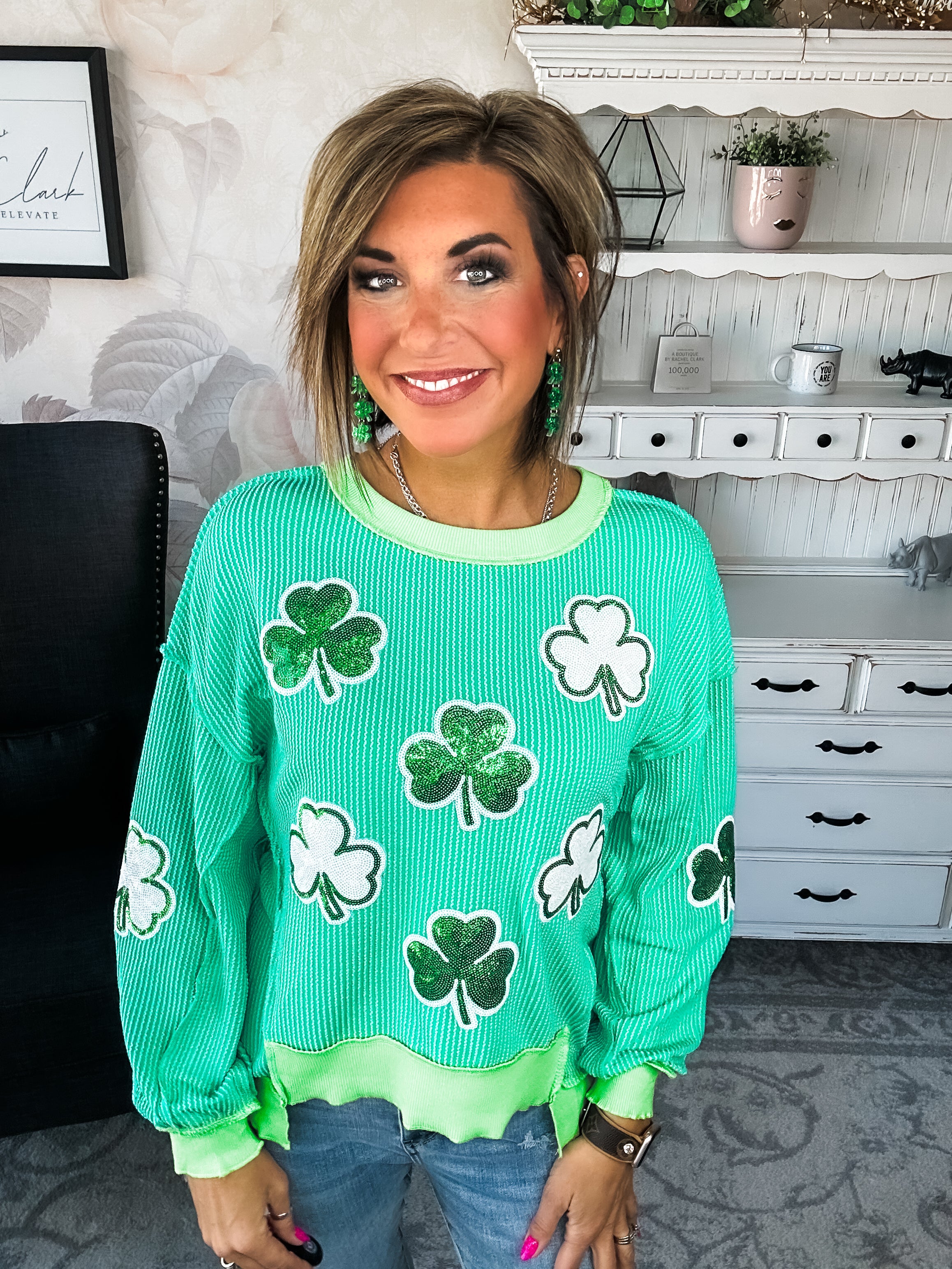 St Pat's Ribbed Sequin Clover Pullover