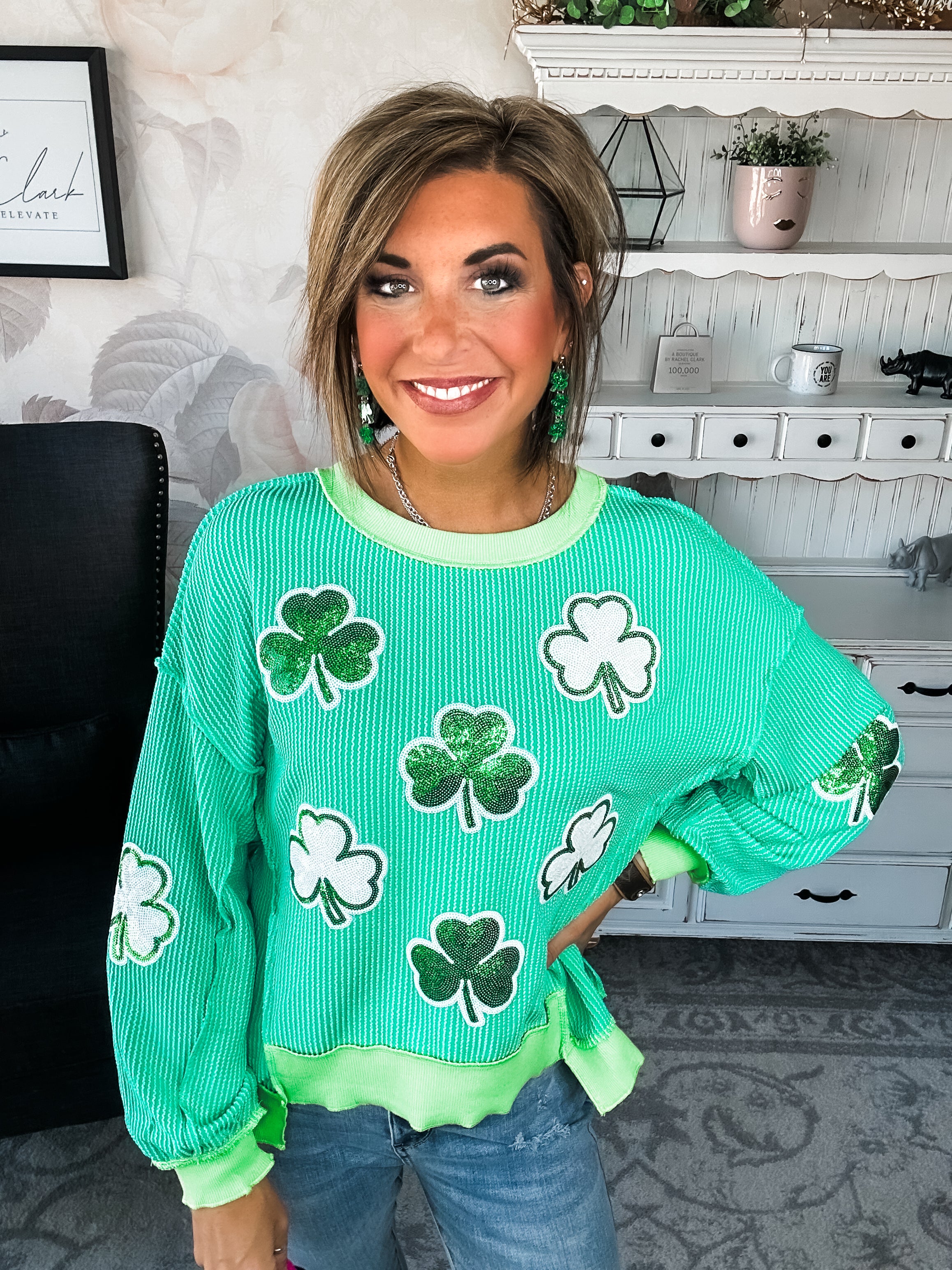 St Pat's Ribbed Sequin Clover Pullover