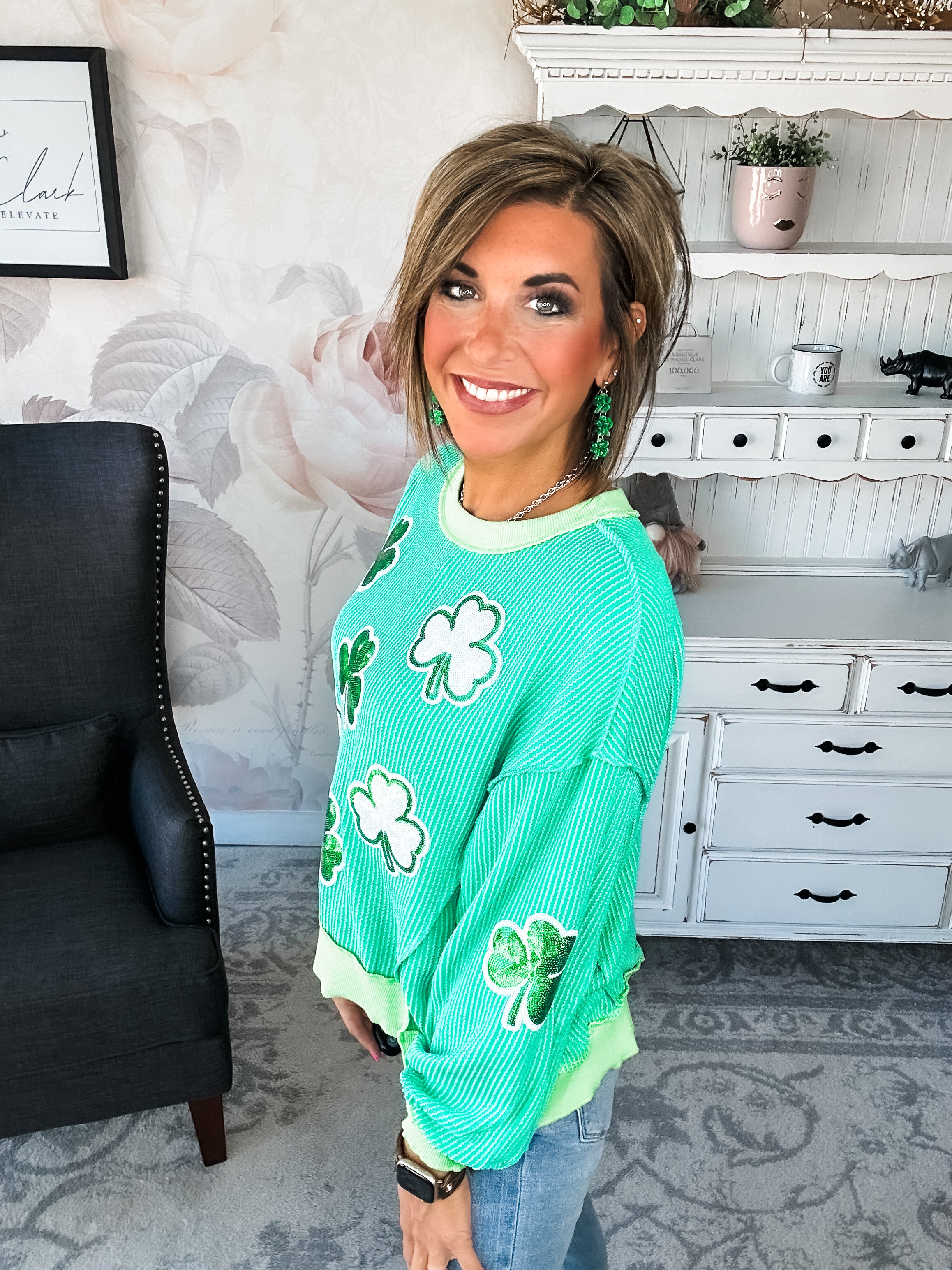 St Pat's Ribbed Sequin Clover Pullover