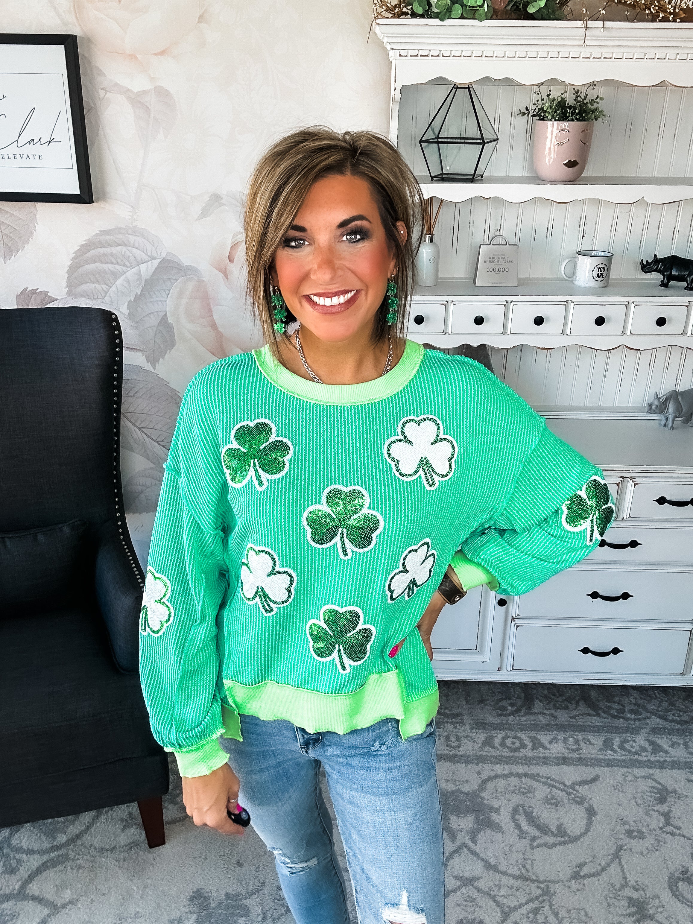 St Pat's Ribbed Sequin Clover Pullover