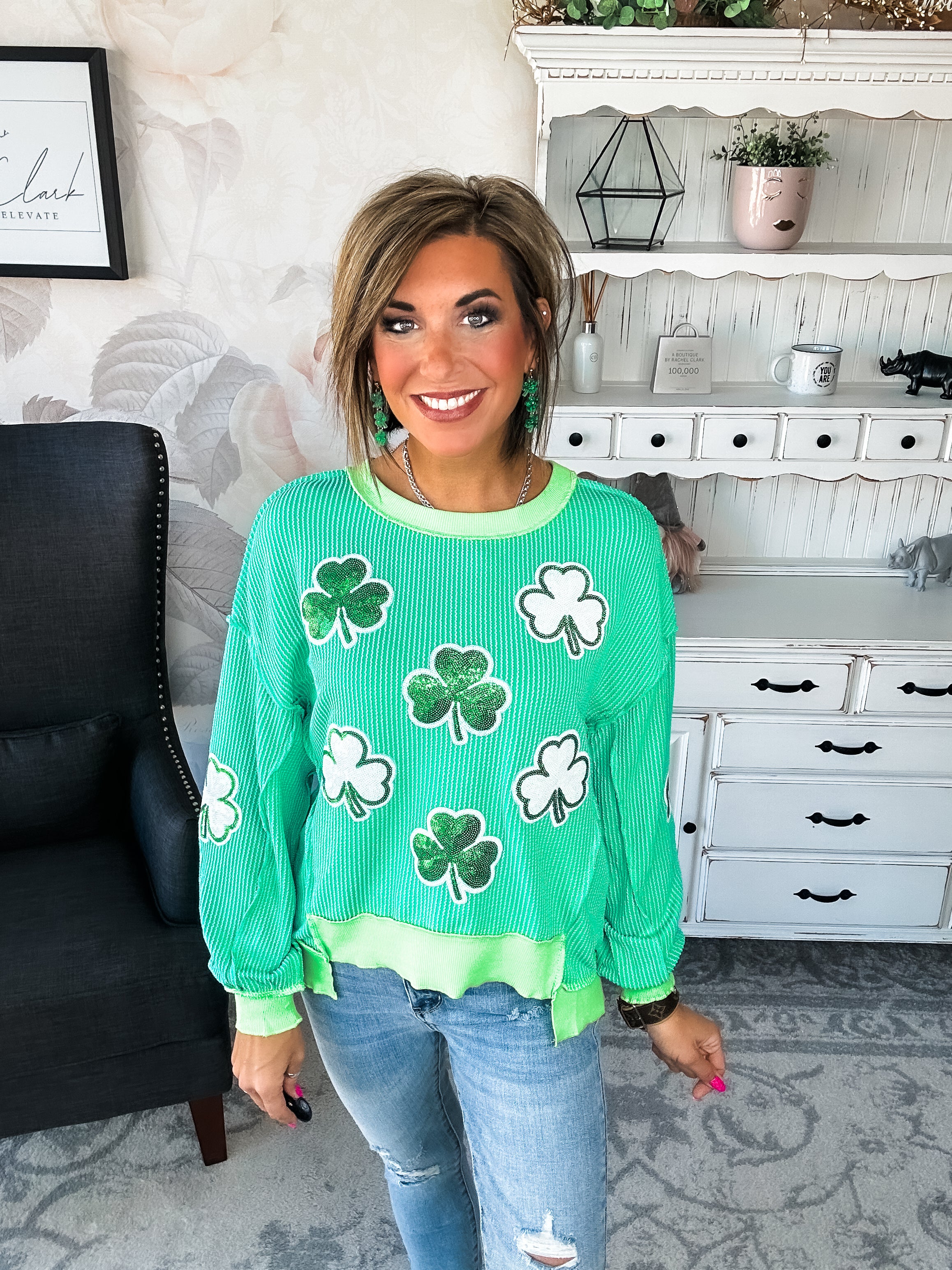St Pat's Ribbed Sequin Clover Pullover