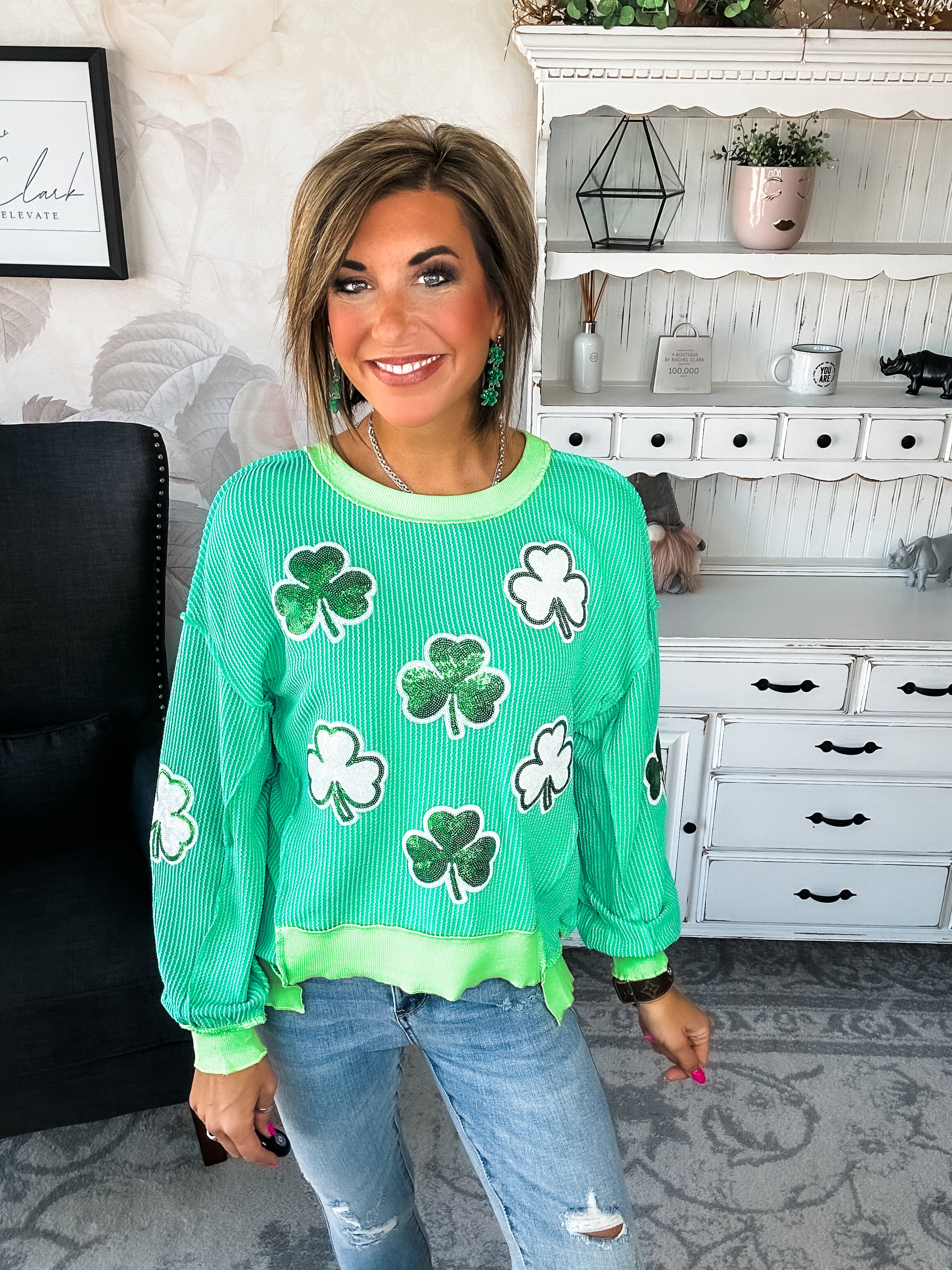 St Pat's Ribbed Sequin Clover Pullover