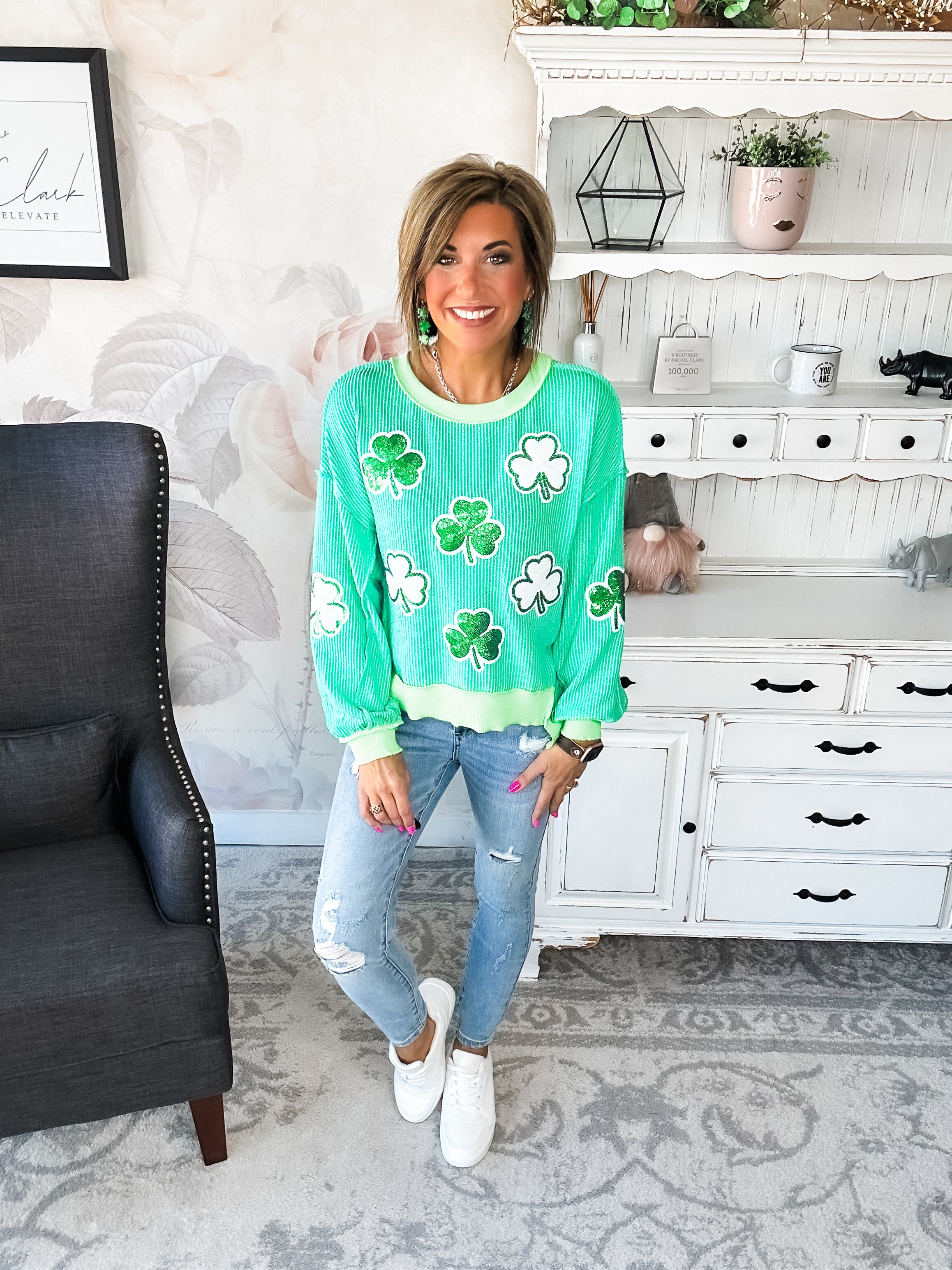 St Pat's Ribbed Sequin Clover Pullover