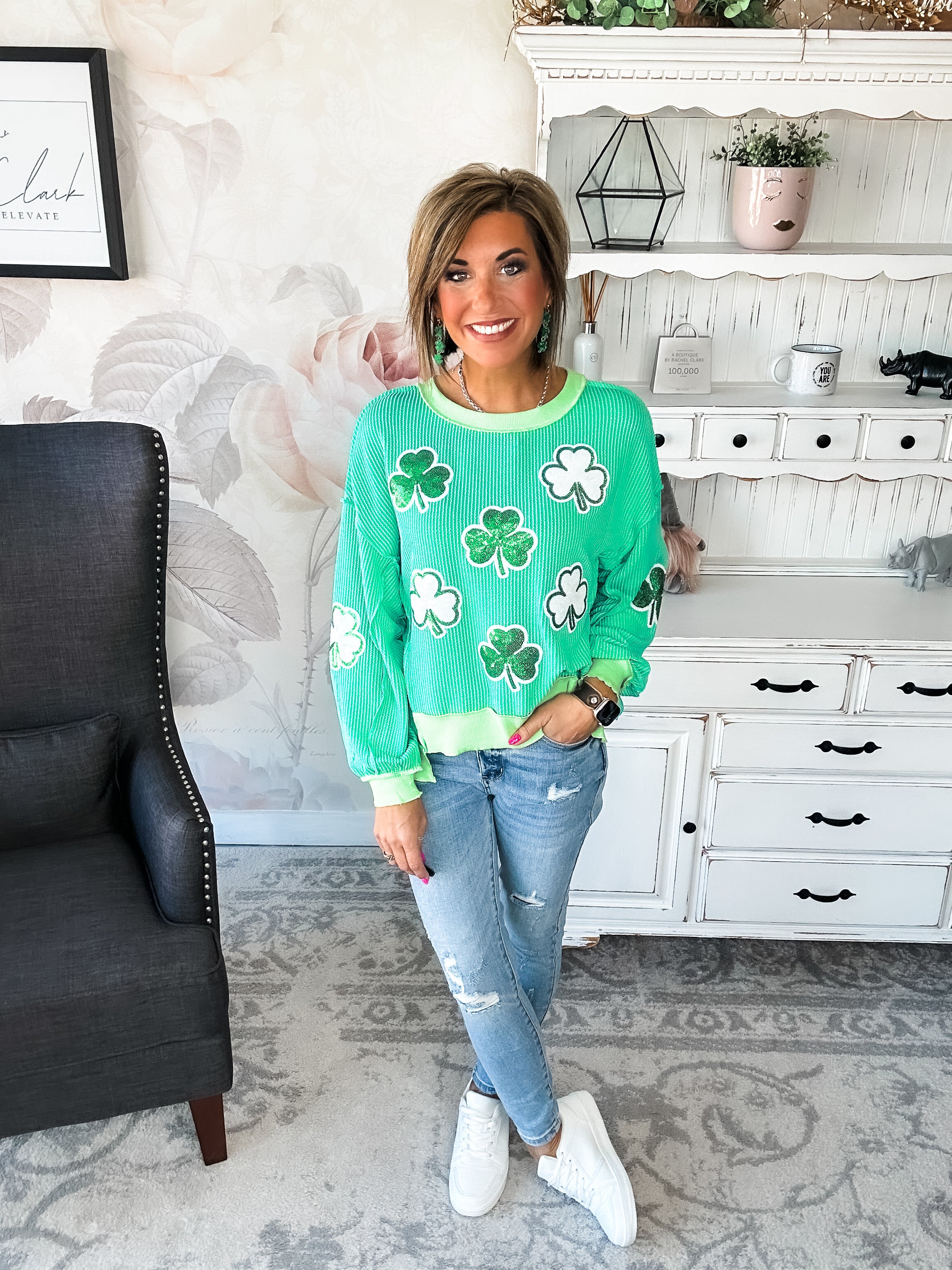 St Pat's Ribbed Sequin Clover Pullover
