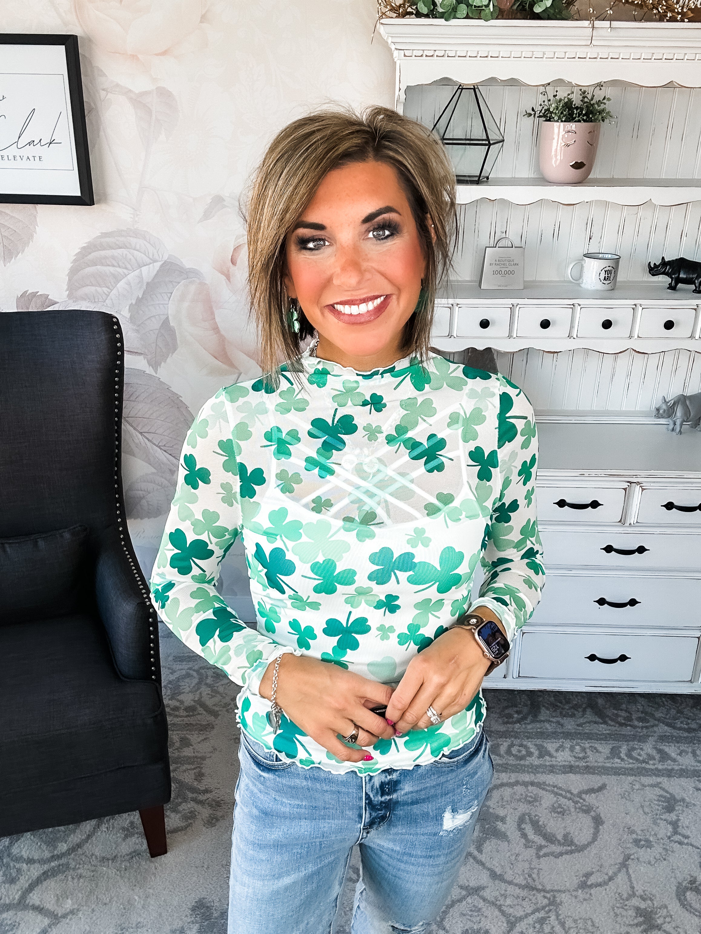 St Patty Mock Neck Mesh Top