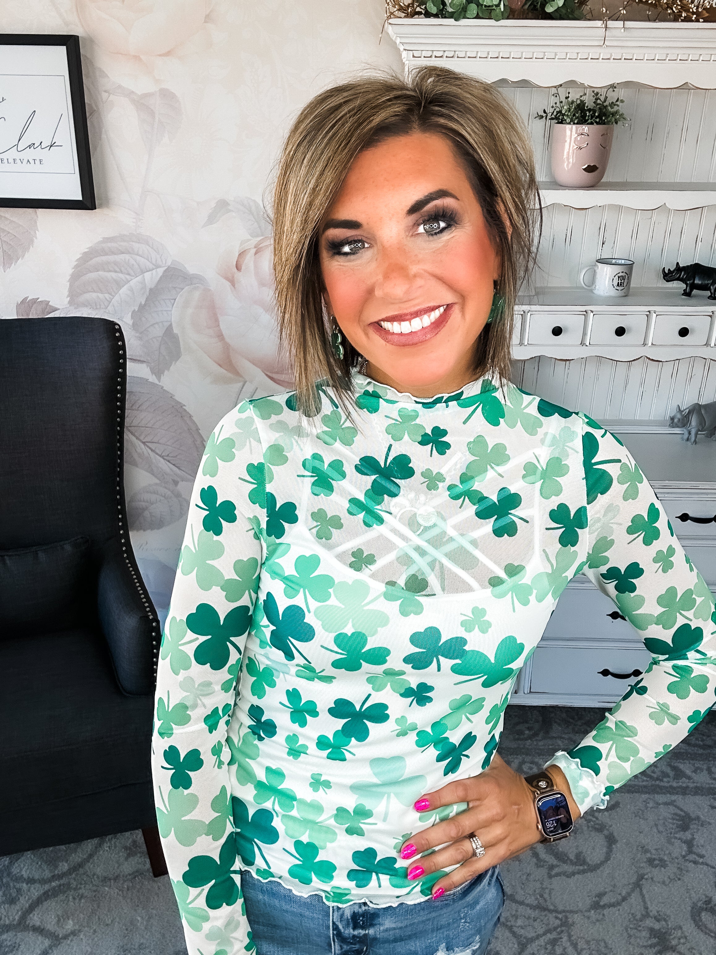 St Patty Mock Neck Mesh Top