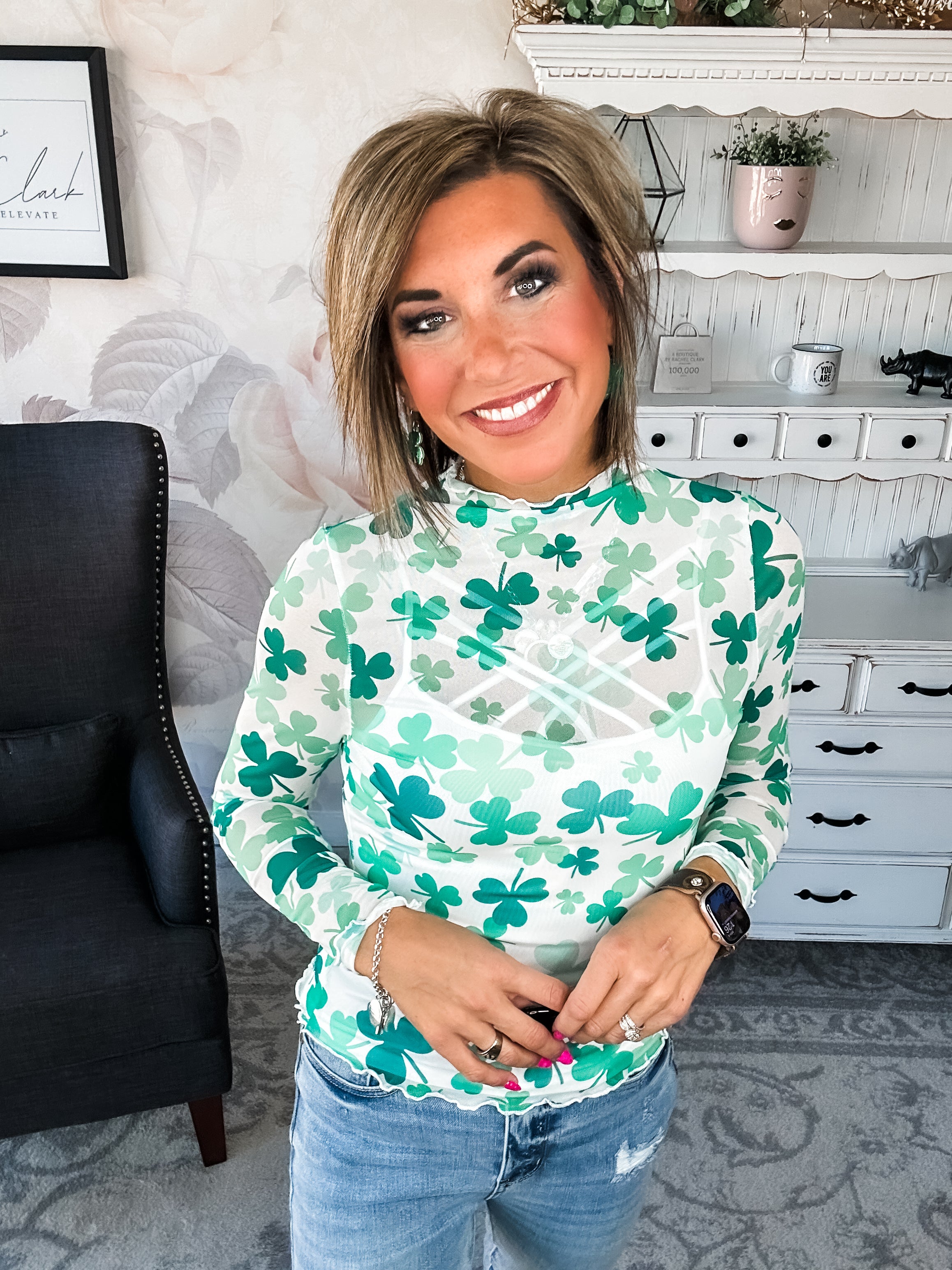 St Patty Mock Neck Mesh Top