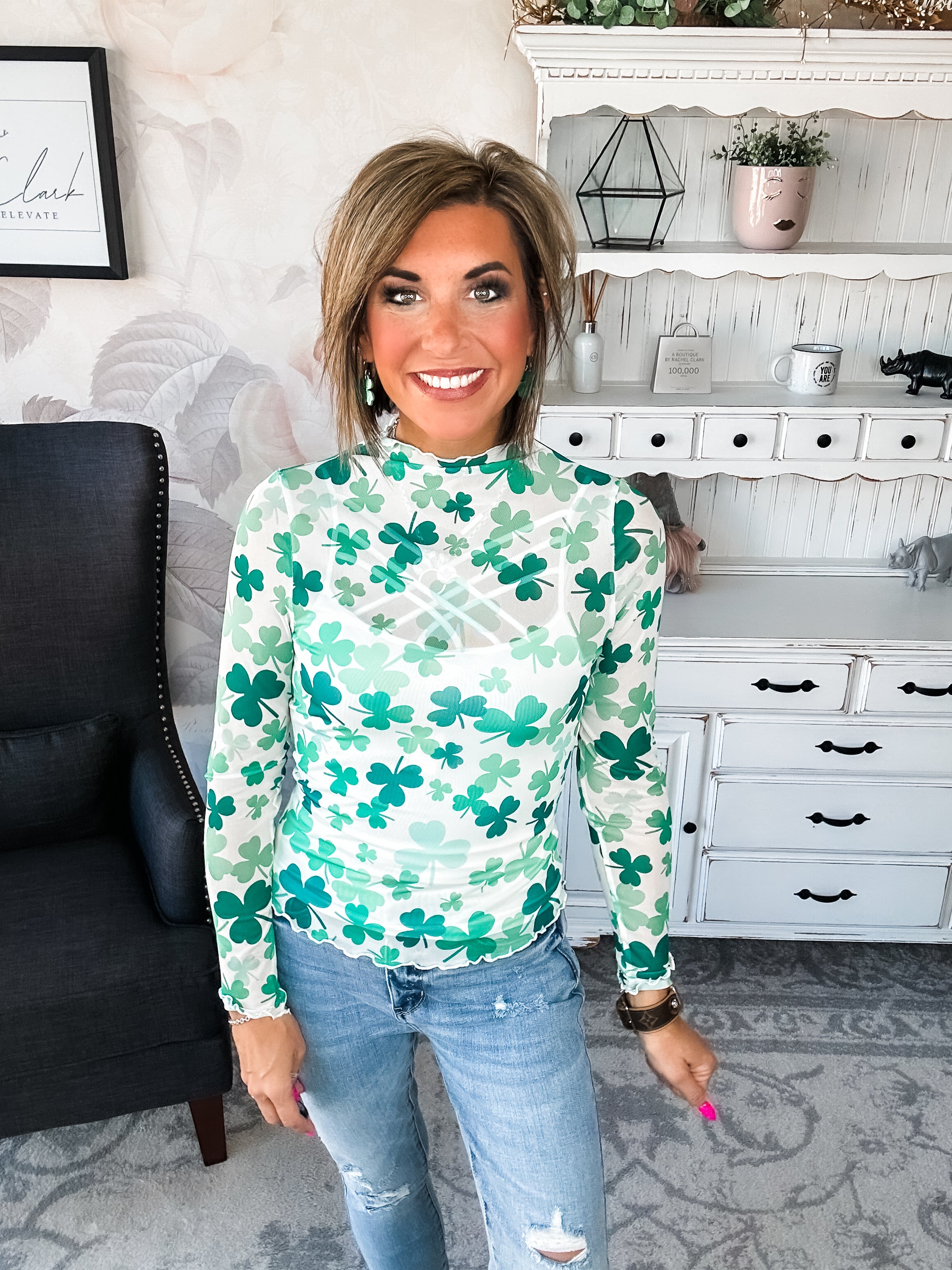 St Patty Mock Neck Mesh Top
