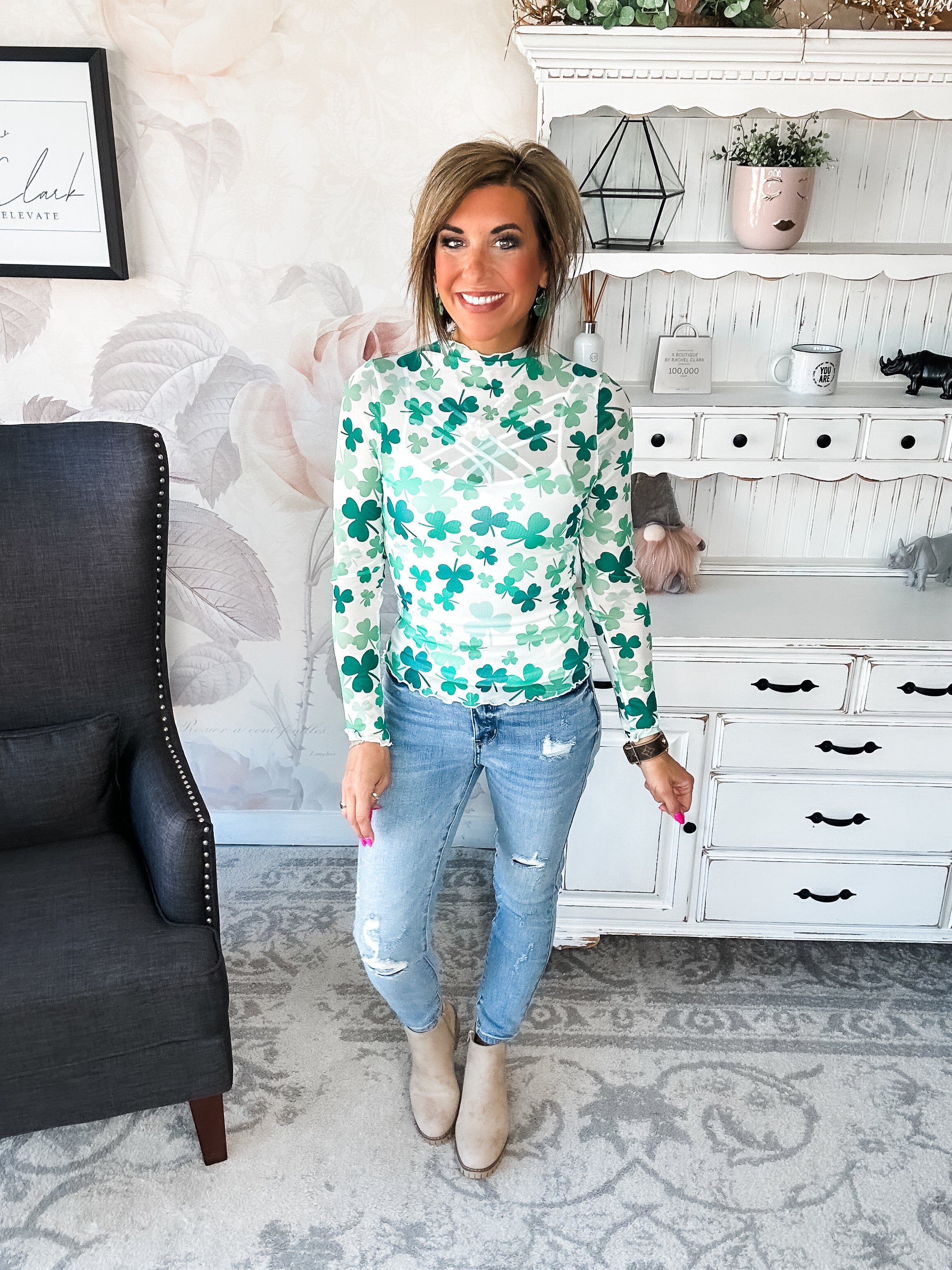 St Patty Mock Neck Mesh Top