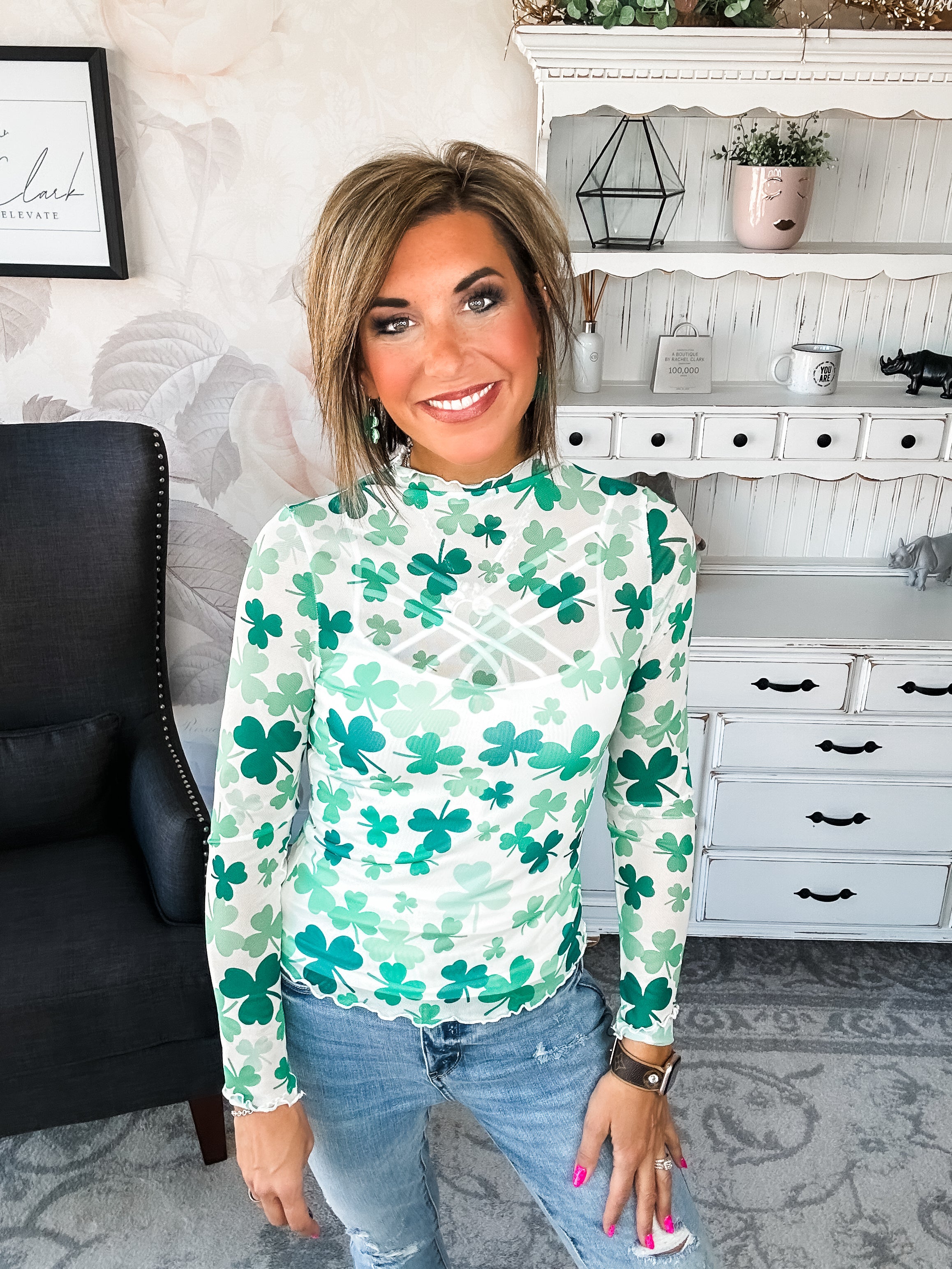 St Patty Mock Neck Mesh Top