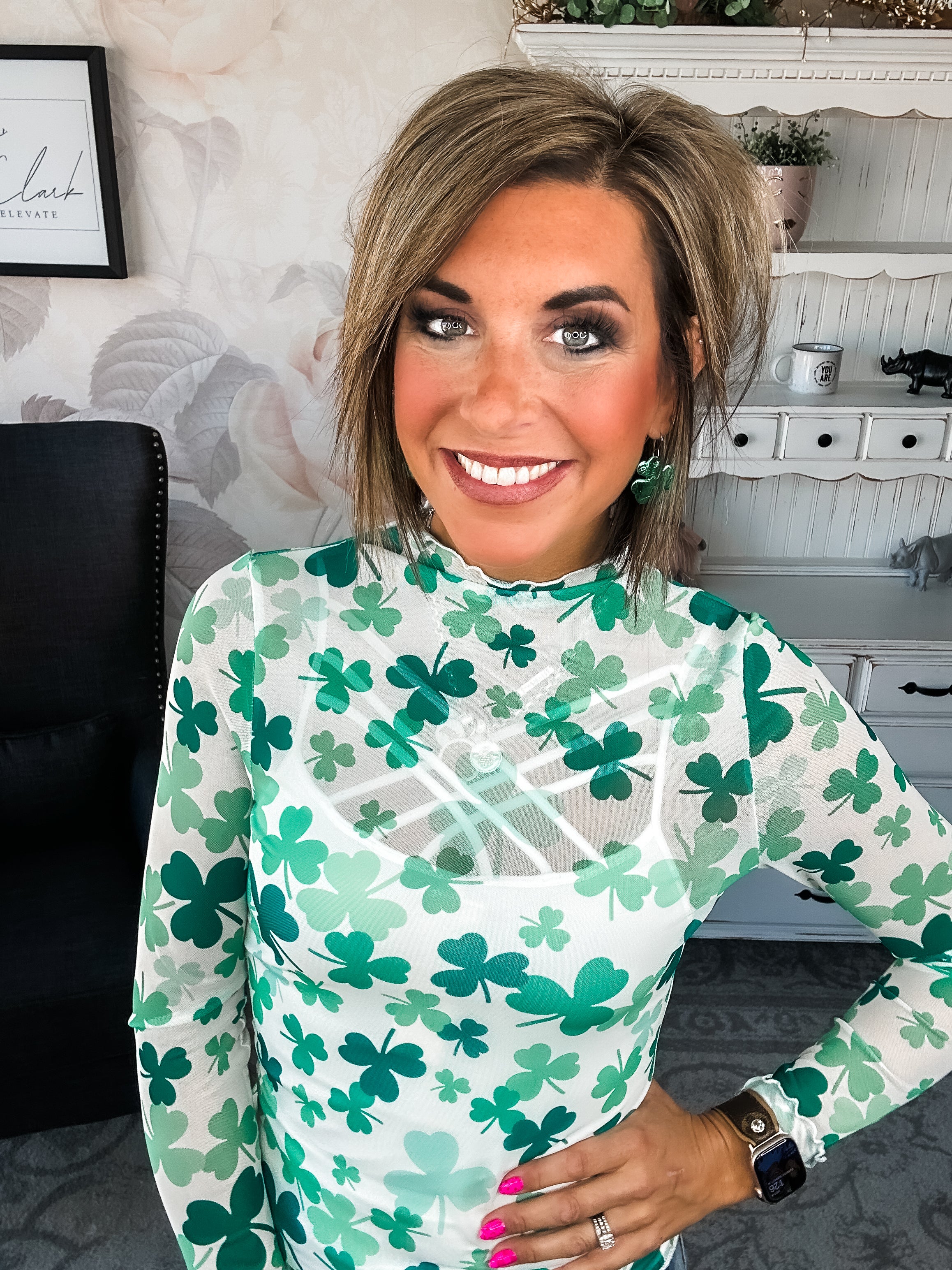 St Patty Mock Neck Mesh Top