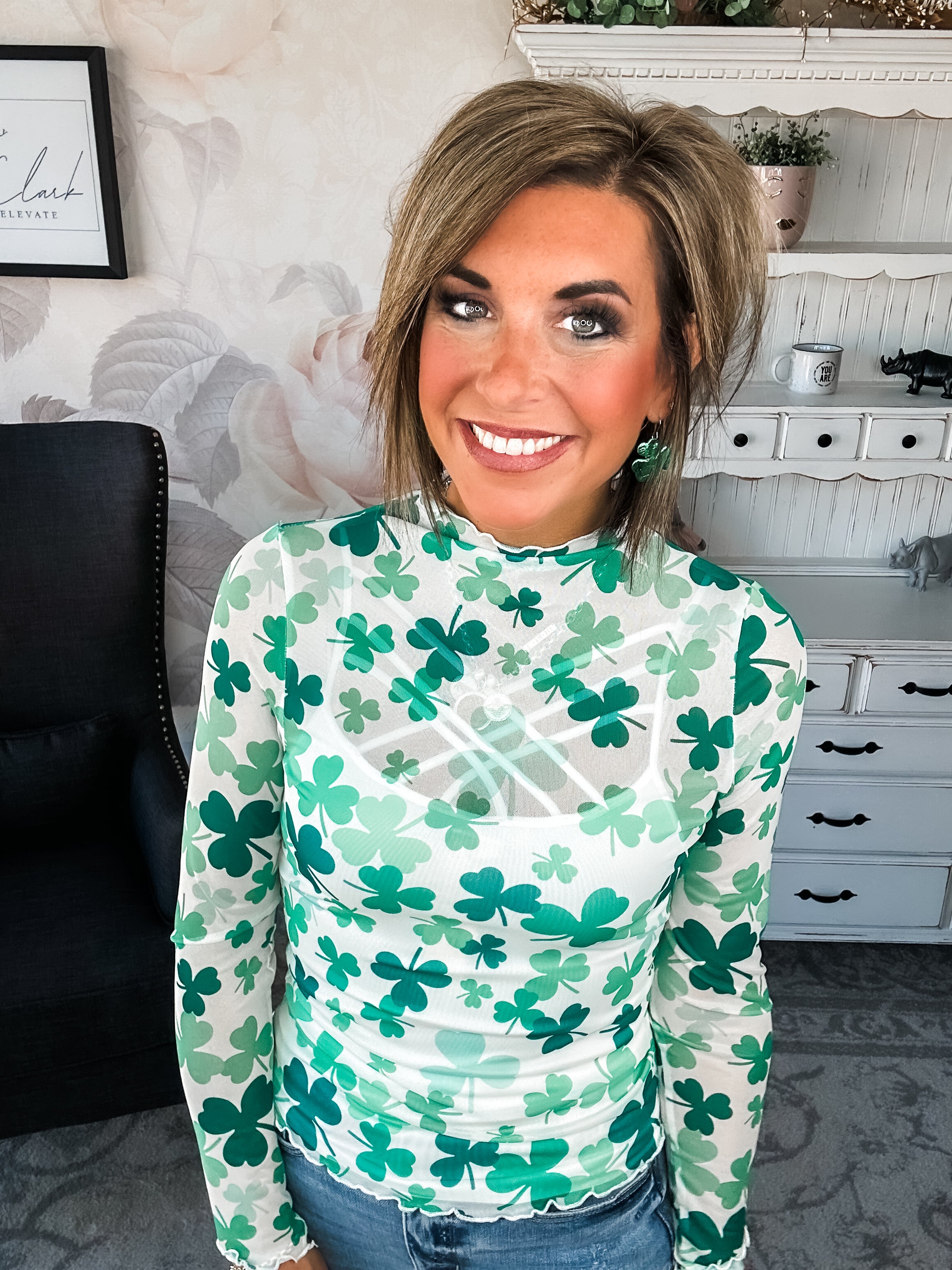 St Patty Mock Neck Mesh Top