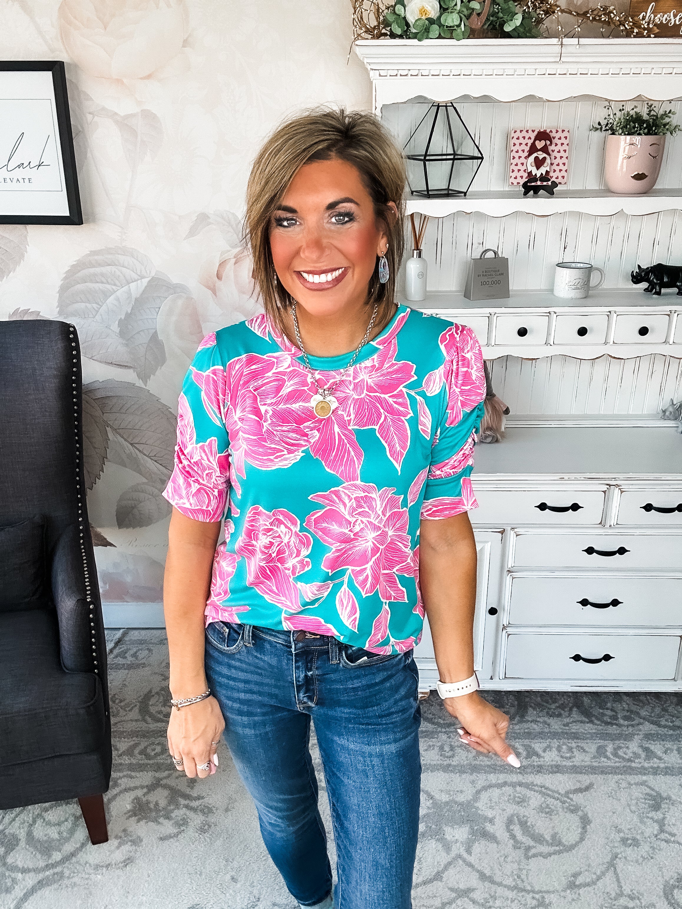 Enchanted To Meet You Top - Teal & Pink