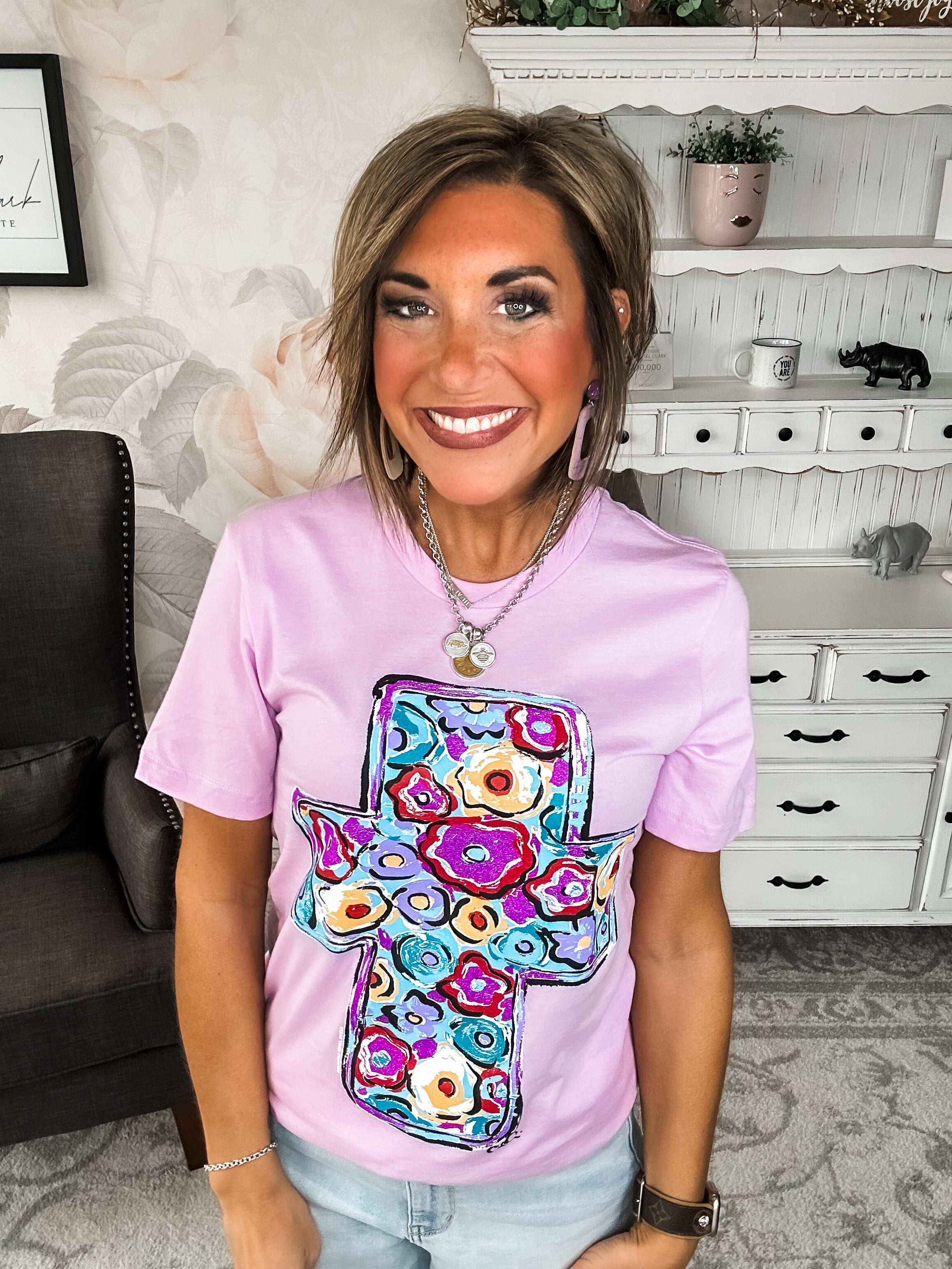 Purple Floral Cross Graphic Tee