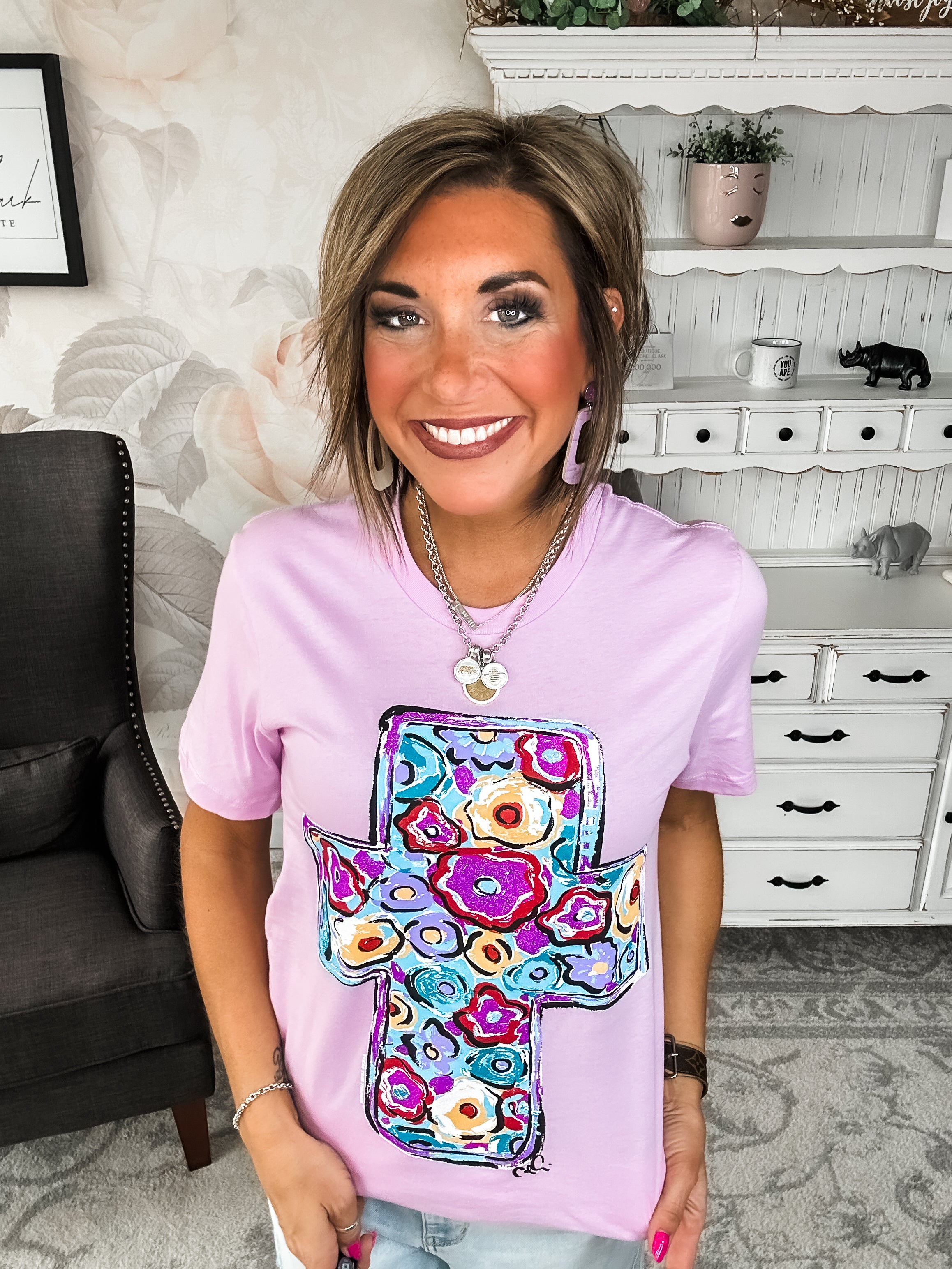 Purple Floral Cross Graphic Tee