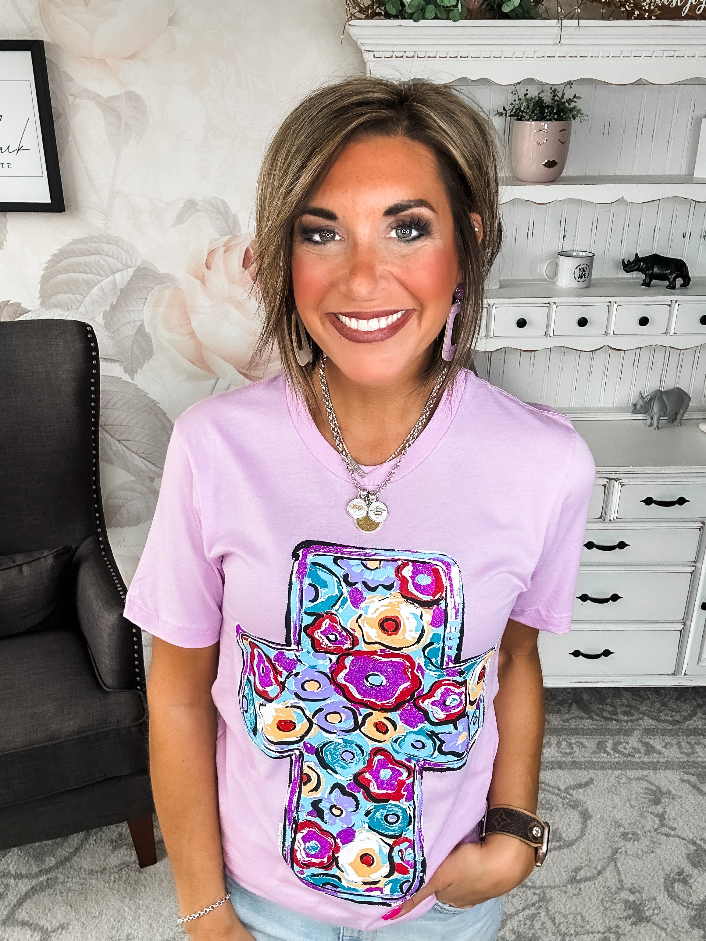 Purple Floral Cross Graphic Tee