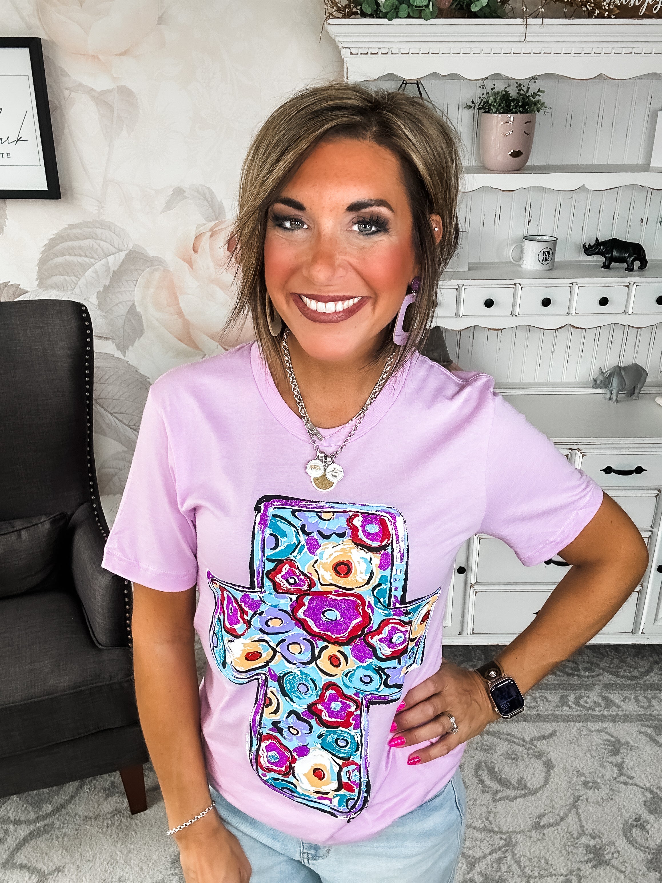 Purple Floral Cross Graphic Tee