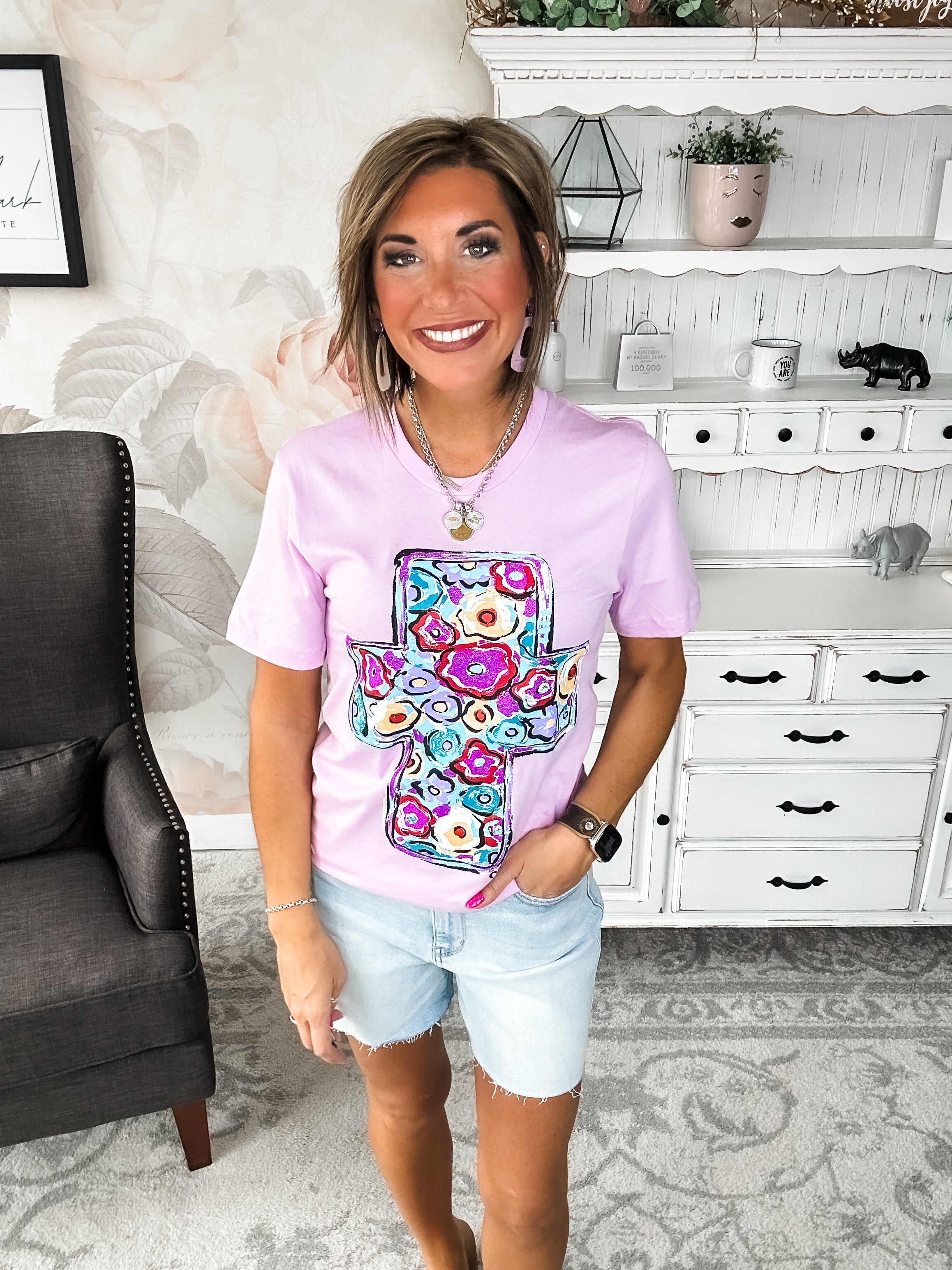 Purple Floral Cross Graphic Tee