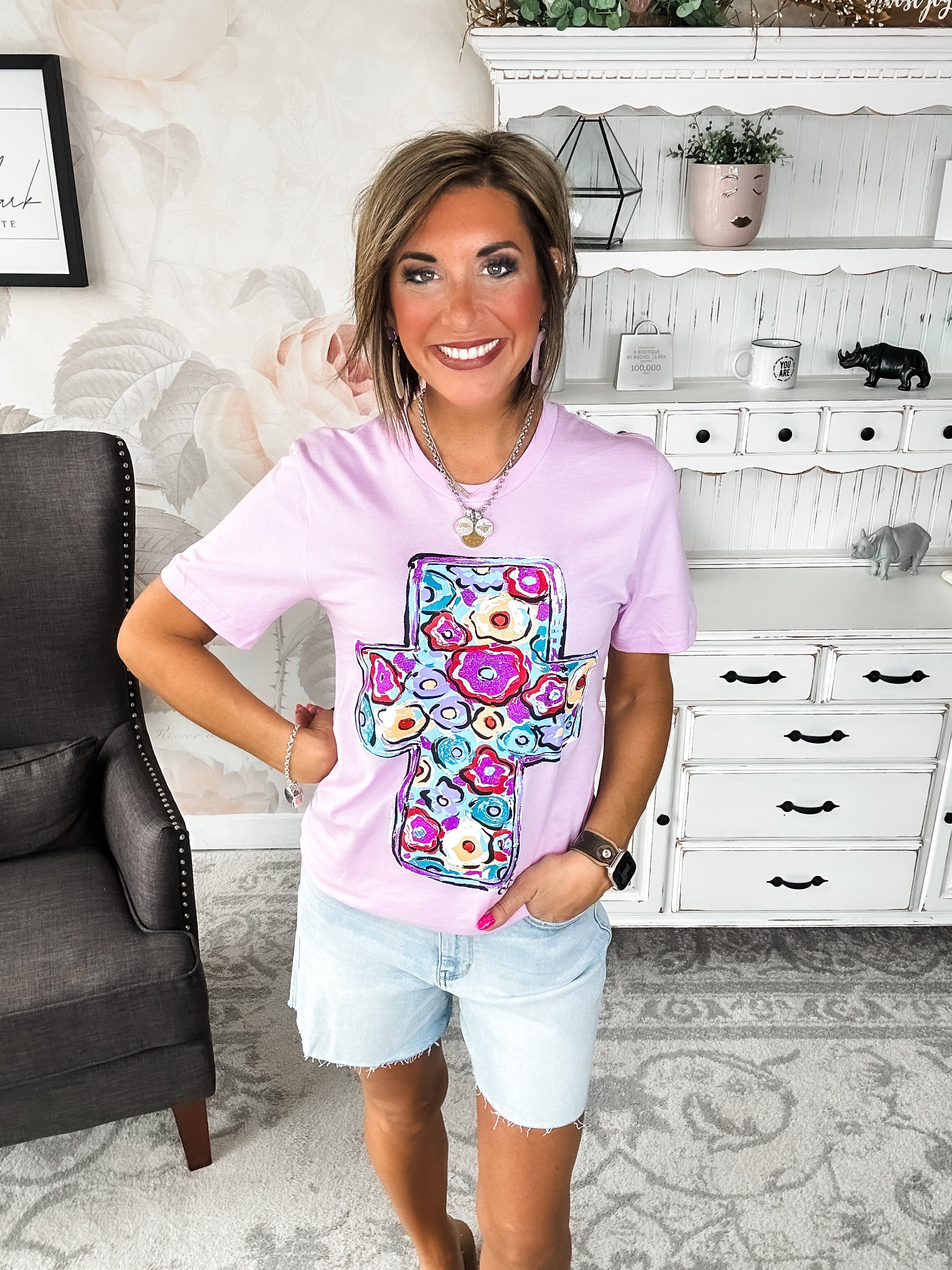 Purple Floral Cross Graphic Tee