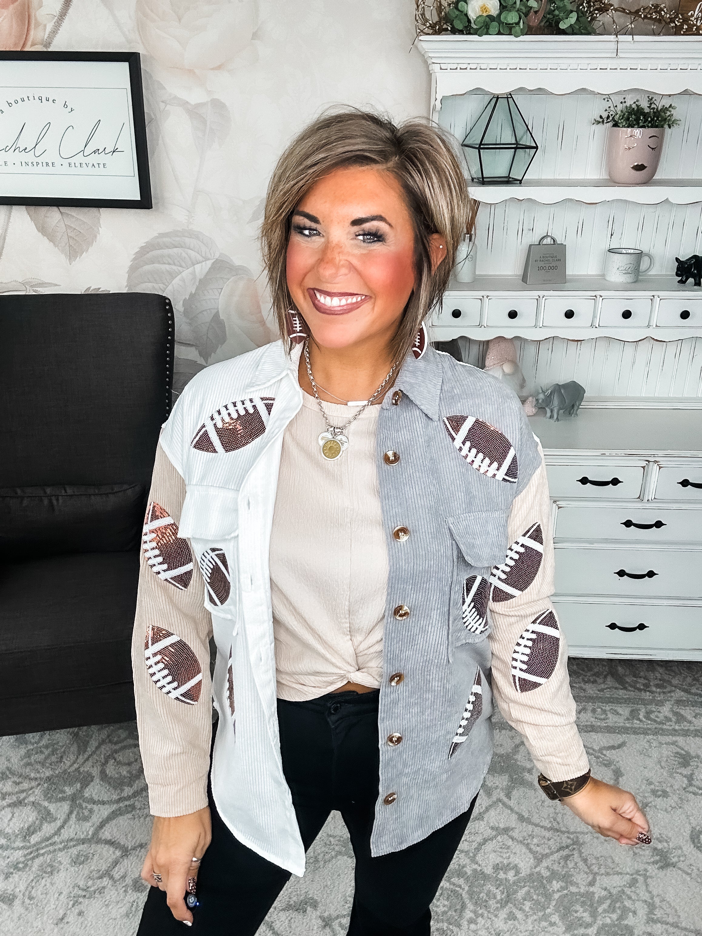 Toss the Sequin Football Corduroy Shacket