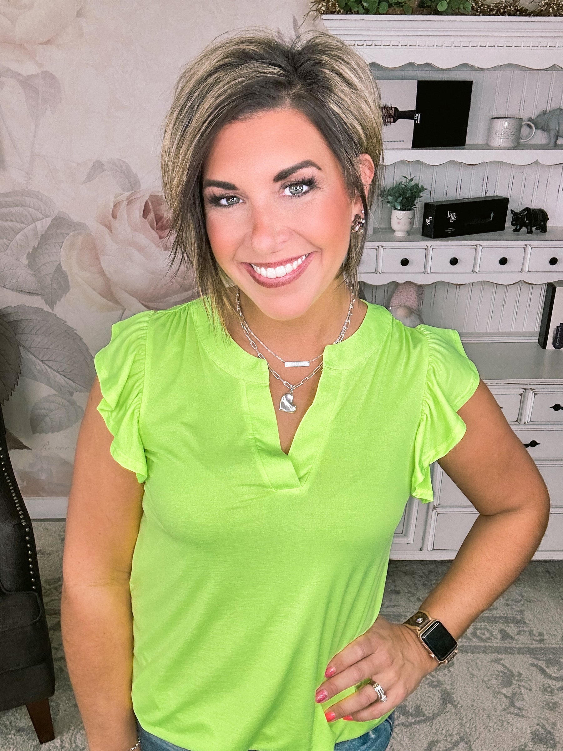 Figure It Out Ruffle Sleeve Top - Neon Green