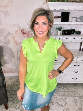 Figure It Out Ruffle Sleeve Top - Neon Green