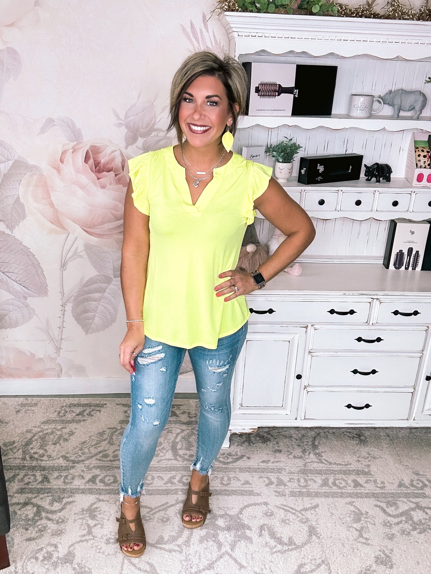 Figure It Out Ruffle Sleeve Top - Neon Yellow